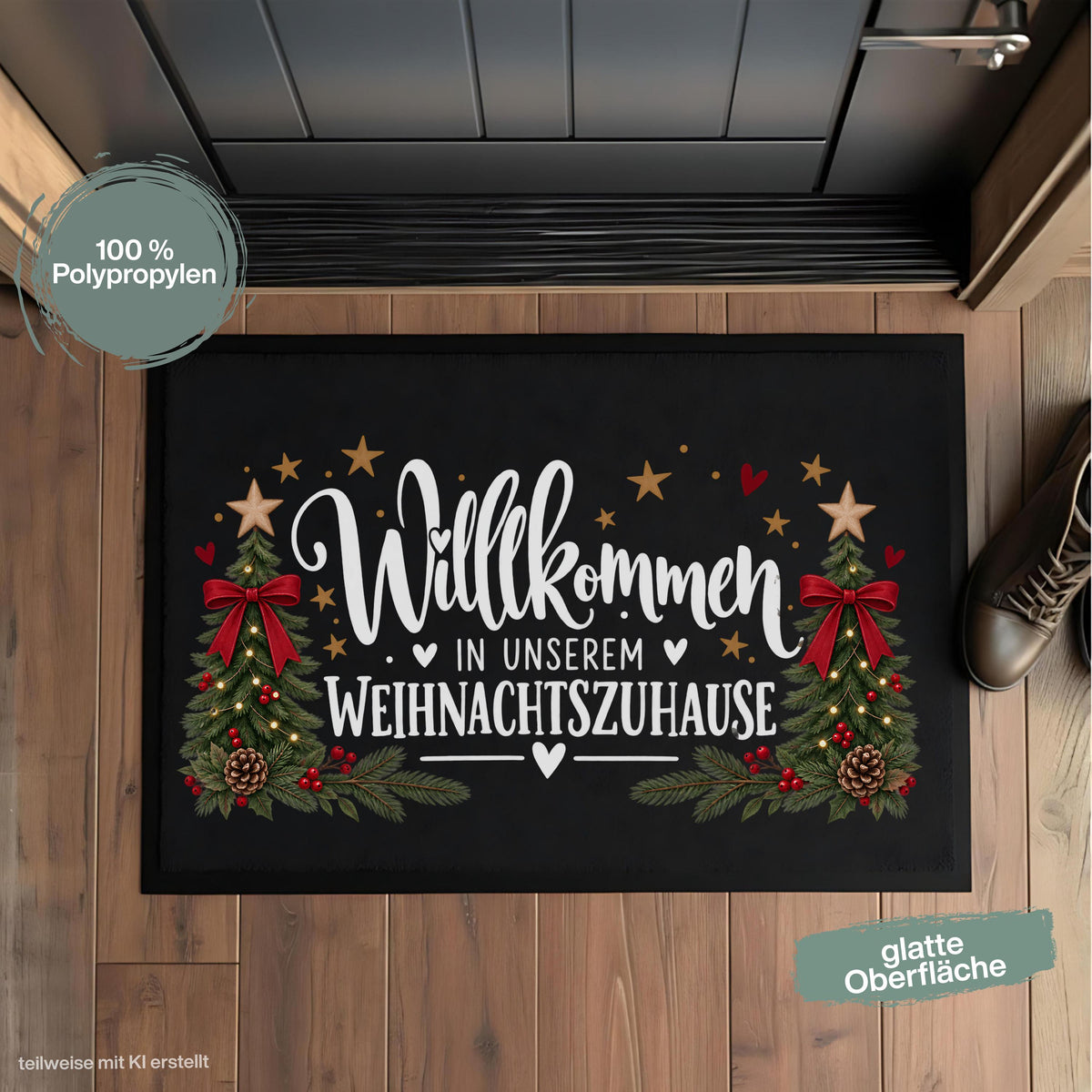 Weihnachtliche Fußmatte Weihnachten mit dem Spruch „Willkommen in unserem Weihnachtszuhause“, zwei geschmückten Tannenbäumen, roten Schleifen, Tannenzweigen und Herzen. Die bedruckte Schmutzfangmatte ist eine festliche Weihnachtsfußmatte und Weihnachtsdeko für die Tür, Haustür und den Eingangsbereich. Die Fußmatte Eingang besitzt einen rutschfesten Gummirand und ist in drei Größen erhältlich. Eine dekorative Haustür Fußmatte, Willkommensmatte und Fußmatte Winter für die Weihnachtszeit. Aus Polypropylen.