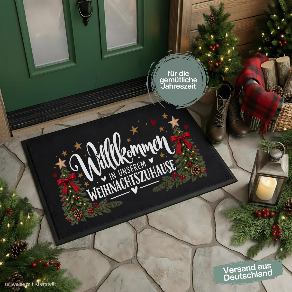 Weihnachtliche Fußmatte Weihnachten mit dem Spruch „Willkommen in unserem Weihnachtszuhause“, zwei geschmückten Tannenbäumen, roten Schleifen, Tannenzweigen und Herzen. Die bedruckte Schmutzfangmatte ist eine festliche Weihnachtsfußmatte und Weihnachtsdeko für die Tür, Haustür und den Eingangsbereich. Die Fußmatte Eingang besitzt einen rutschfesten Gummirand und ist in drei Größen erhältlich. Eine dekorative Haustür Fußmatte, Willkommensmatte und Fußmatte Winter für die Weihnachtszeit. Aus Polypropylen.