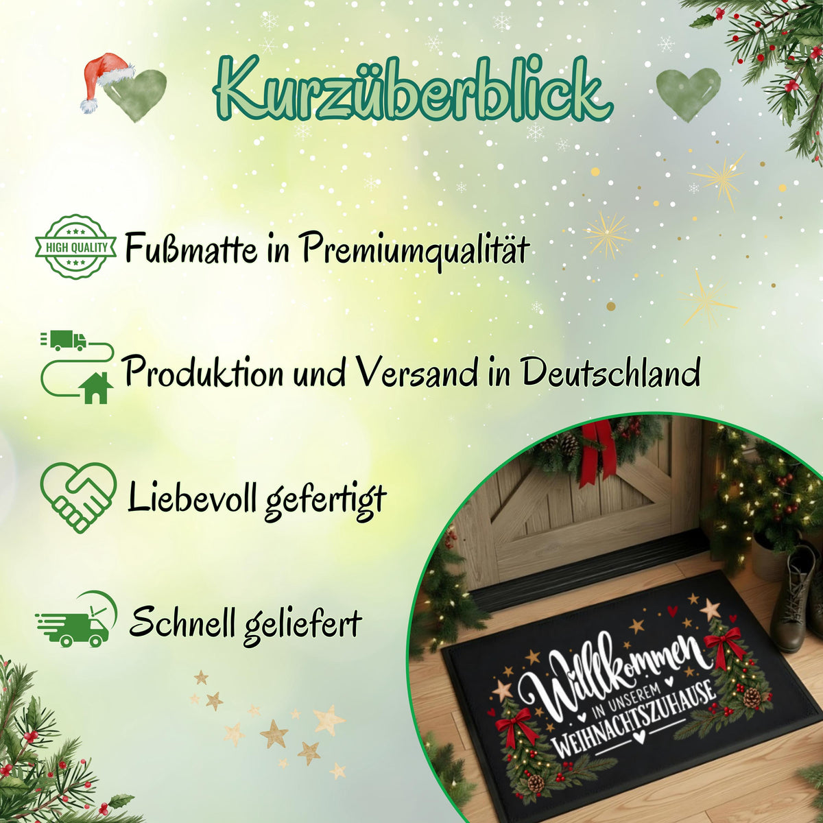 Weihnachtliche Infografik „Kurzüberblick“ zur Fußmatte mit Tannenbäumen von MeobellaDesigns. Auf hellgrünem Hintergrund mit Schneeflocken, Herzen, Sternen und Tannenzweigen stehen Hinweise zu Premiumqualität, Produktion und Versand in Deutschland, liebevoller Fertigung und schneller Lieferung. Ein runder Bildausschnitt zeigt die bedruckte Haustürmatte mit geschmückten Tannen und dem Schriftzug „Willkommen in unserem Weihnachtszuhause“. Übersicht zum Weihnachtsartikel für Haustür und Eingangsbereich.