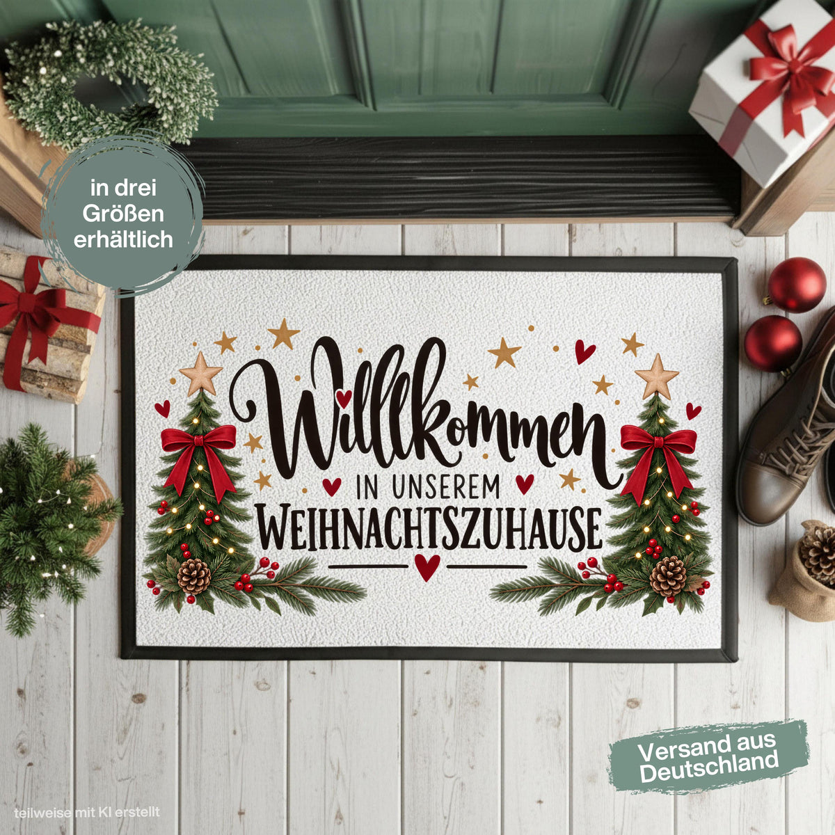 Weihnachtliche Fußmatte Weihnachten mit dem Spruch „Willkommen in unserem Weihnachtszuhause“, zwei geschmückten Tannenbäumen, roten Schleifen, Tannenzweigen und Herzen. Die bedruckte Schmutzfangmatte ist eine festliche Weihnachtsfußmatte und Weihnachtsdeko für die Tür, Haustür und den Eingangsbereich. Die Fußmatte Eingang besitzt einen rutschfesten Gummirand und ist in drei Größen erhältlich. Eine dekorative Haustür Fußmatte, Willkommensmatte und Fußmatte Winter für die Weihnachtszeit. Aus Polypropylen.