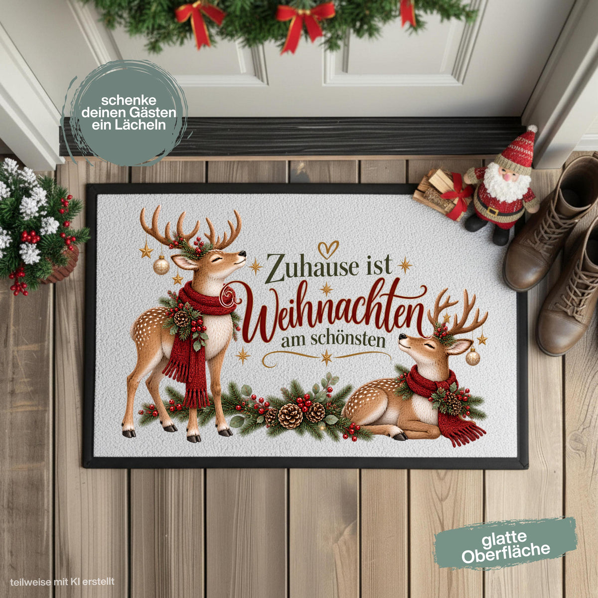Weihnachtliche Fußmatte Weihnachten mit zwei Rentieren, roten Schals, Tannenzweigen, Beeren, Zapfen und goldenen Sternen sowie dem Spruch „Zuhause ist Weihnachten am schönsten“. Die bedruckte Schmutzfangmatte ist eine festliche Weihnachtsfußmatte und Weihnachtsdeko für die Tür, Haustür und den Eingangsbereich. Die Fußmatte Eingang hat einen rutschfesten Gummirand und ist in drei Größen erhältlich. Eine winterliche Haustür Fußmatte, Haustürmatte und Fußmatte Winter für Advent und Weihnachten.