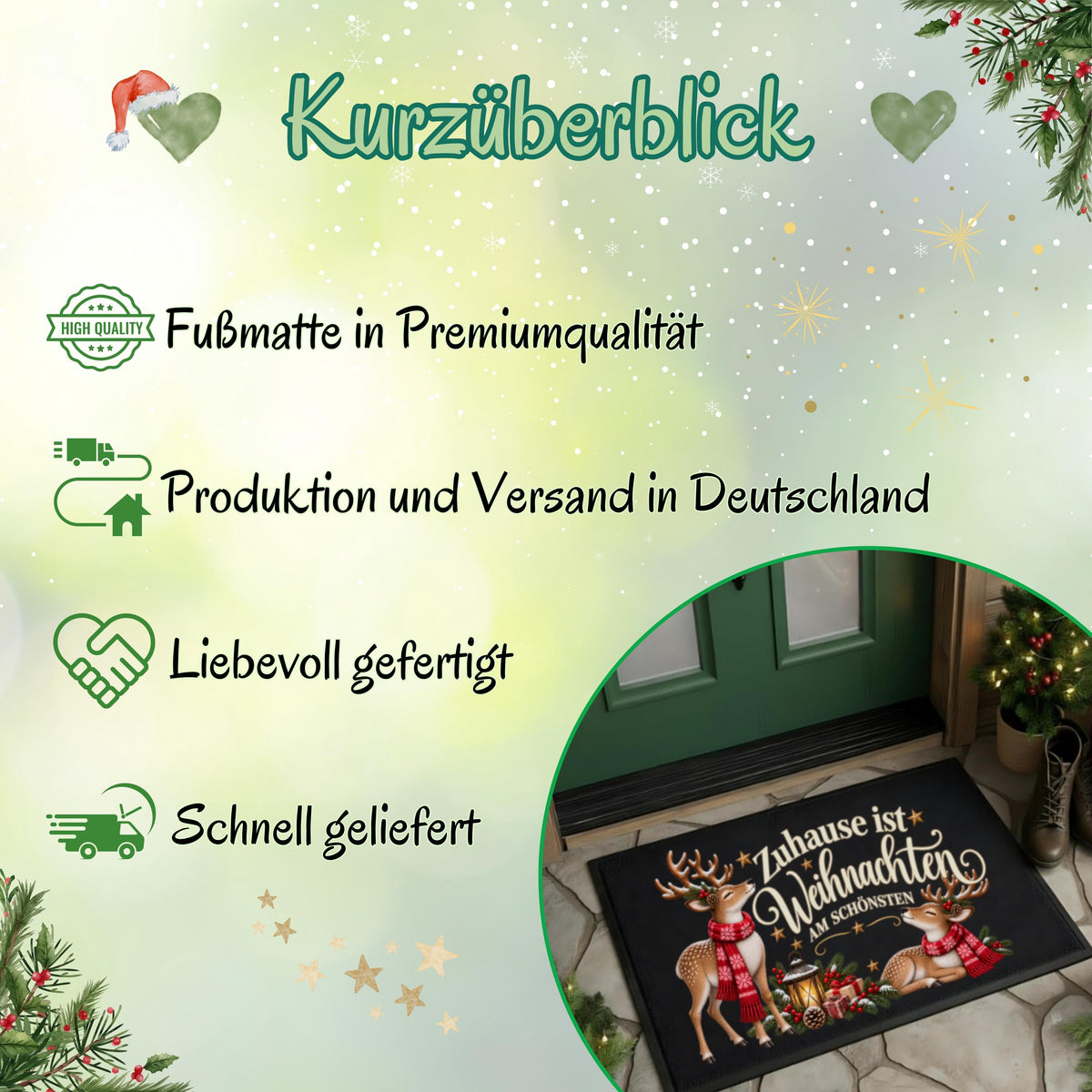 Weihnachtliche Infografik „Kurzüberblick“ zur Fußmatte mit Rentieren von MeobellaDesigns. Auf hellgrünem Hintergrund mit Schneeflocken, Herzen, Sternen und Tannenzweigen stehen Hinweise zu Premiumqualität, Produktion und Versand in Deutschland, liebevoller Fertigung und schneller Lieferung. Ein runder Bildausschnitt zeigt die bedruckte Haustürmatte mit zwei Rentieren mit Schals und dem Schriftzug „Zuhause ist Weihnachten am schönsten“. Übersicht zum Weihnachtsartikel für Haustür und Eingangsbereich.