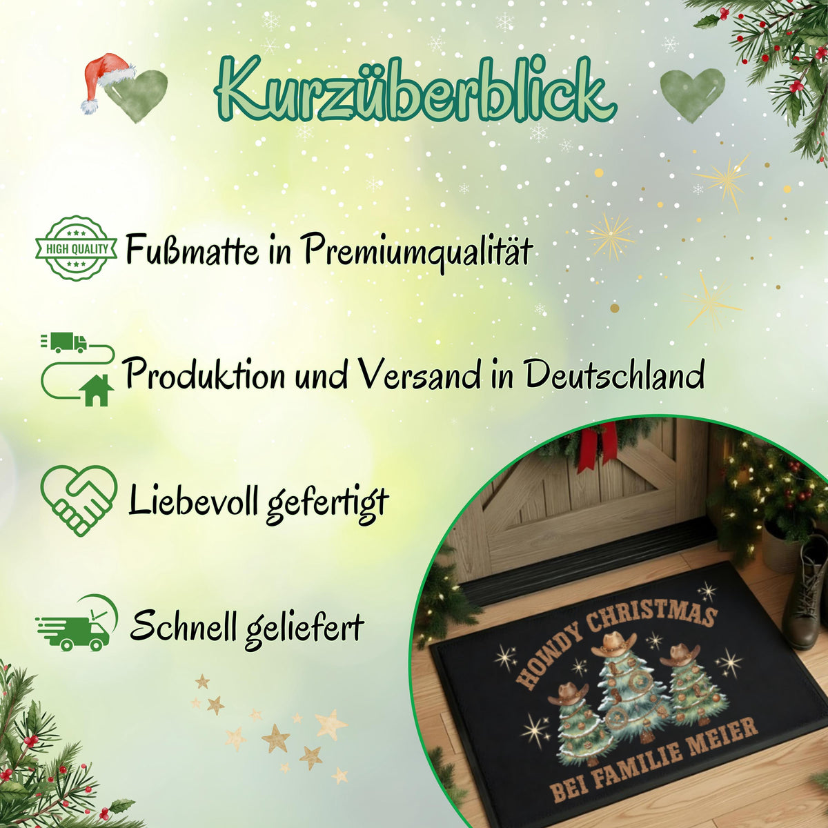 Weihnachtliche Infografik „Kurzüberblick“ zur personalisierten Fußmatte mit Westernmotiv von MeobellaDesigns. Auf hellgrünem Hintergrund mit Schneeflocken, Herzen, Sternen und Tannenzweigen stehen Hinweise zu Premiumqualität, Produktion und Versand in Deutschland, liebevoller Fertigung und schneller Lieferung. Ein runder Bildausschnitt zeigt die bedruckte Haustürmatte mit Western-Tannenbäumen und Familiennamen. Übersicht zum individuell gestalteten Weihnachtsartikel für Haustür und Eingangsbereich.