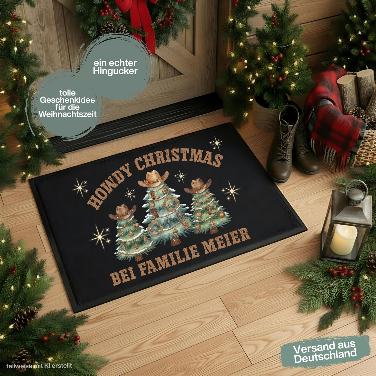 Personalisierte Fußmatte Weihnachten mit verschneiten Weihnachtsbäumen mit Cowboyhüten, Westernschmuck und dem Spruch „Howdy Christmas“. Unter dem Motiv wird die personalisierte Fußmatte mit Namen gestaltet. Die Schmutzfangmatte ist eine ausgefallene Weihnachtsfußmatte und Weihnachtsdeko für die Tür, Haustür und den Eingangsbereich. Die Fußmatte personalisiert besitzt einen rutschfesten Gummirand und eignet sich als persönliche Haustür Fußmatte zur Weihnachtszeit. Material: 100 % Polypropylen.