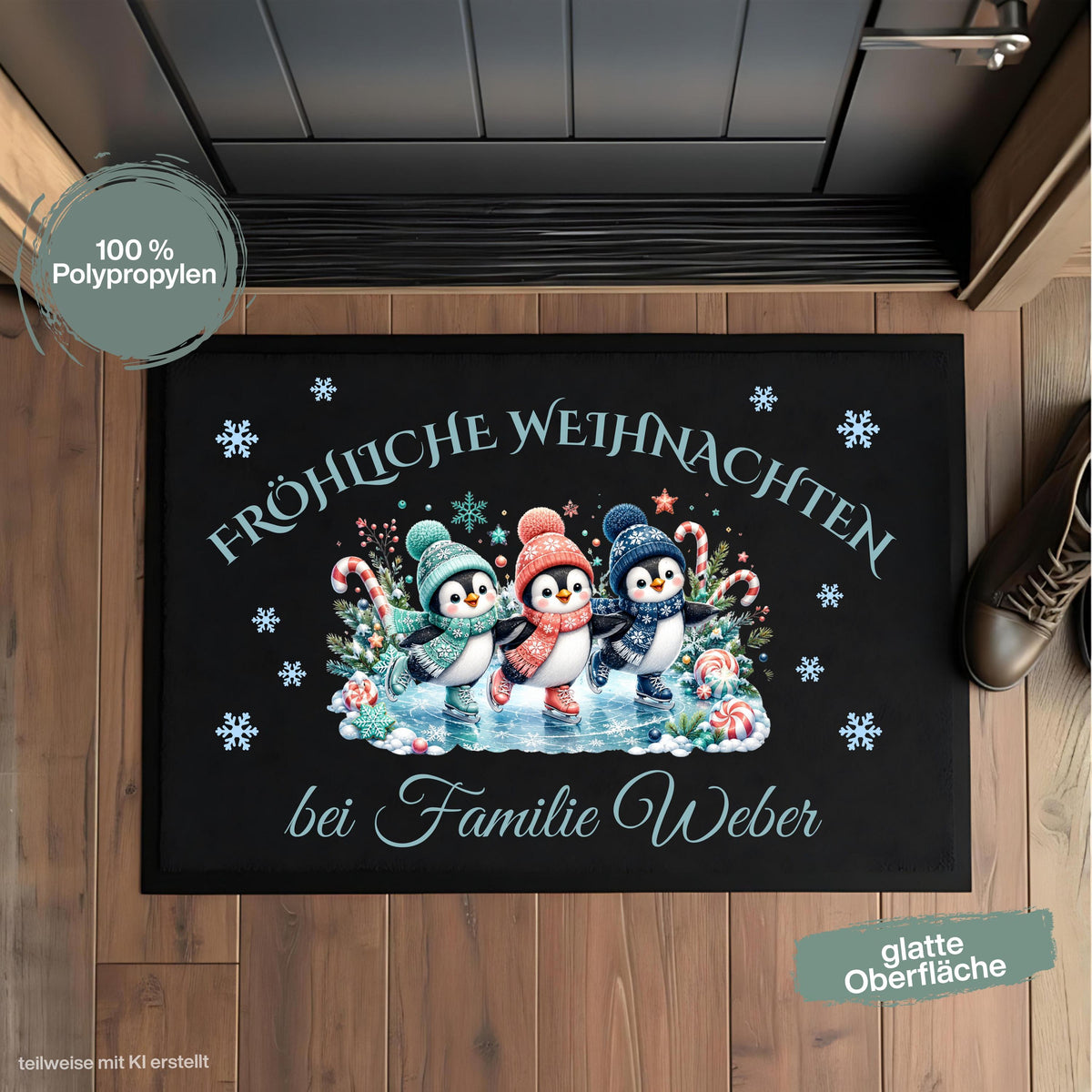 Personalisierte Fußmatte Weihnachten mit drei niedlichen Pinguinen auf Schlittschuhen, bunten Wintermützen, Schneeflocken und Zuckerstangen. Über dem Motiv steht „Fröhliche Weihnachten“, darunter wird die personalisierte Fußmatte mit Namen bzw. Familiennamen gestaltet. Die Schmutzfangmatte ist eine winterliche Weihnachtsfußmatte und Weihnachtsdeko für die Tür, Haustür und den Eingangsbereich. Die Fußmatte personalisiert hat einen rutschfesten Gummirand und eignet sich als Haustür Fußmatte.