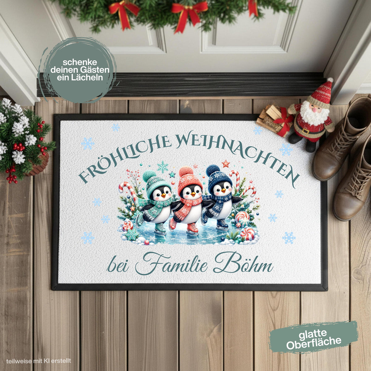 Personalisierte Fußmatte Weihnachten mit drei niedlichen Pinguinen auf Schlittschuhen, bunten Wintermützen, Schneeflocken und Zuckerstangen. Über dem Motiv steht „Fröhliche Weihnachten“, darunter wird die personalisierte Fußmatte mit Namen bzw. Familiennamen gestaltet. Die Schmutzfangmatte ist eine winterliche Weihnachtsfußmatte und Weihnachtsdeko für die Tür, Haustür und den Eingangsbereich. Die Fußmatte personalisiert hat einen rutschfesten Gummirand und eignet sich als Haustür Fußmatte.
