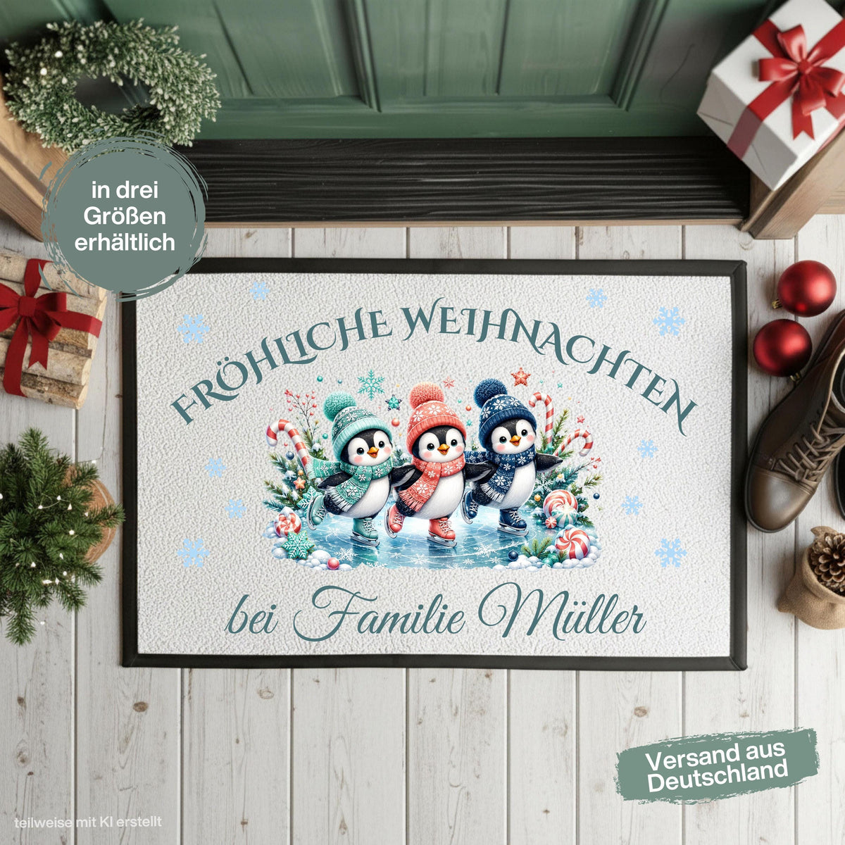 Personalisierte Fußmatte Weihnachten mit drei niedlichen Pinguinen auf Schlittschuhen, bunten Wintermützen, Schneeflocken und Zuckerstangen. Über dem Motiv steht „Fröhliche Weihnachten“, darunter wird die personalisierte Fußmatte mit Namen bzw. Familiennamen gestaltet. Die Schmutzfangmatte ist eine winterliche Weihnachtsfußmatte und Weihnachtsdeko für die Tür, Haustür und den Eingangsbereich. Die Fußmatte personalisiert hat einen rutschfesten Gummirand und eignet sich als Haustür Fußmatte.