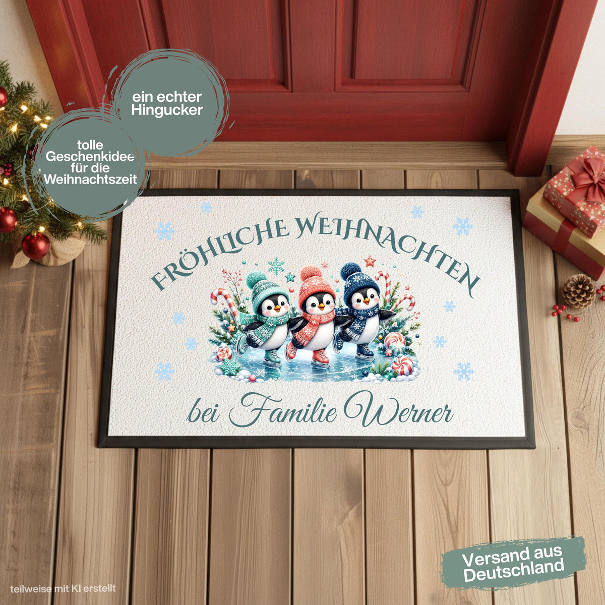 Personalisierte Fußmatte Weihnachten mit drei niedlichen Pinguinen auf Schlittschuhen, bunten Wintermützen, Schneeflocken und Zuckerstangen. Über dem Motiv steht „Fröhliche Weihnachten“, darunter wird die personalisierte Fußmatte mit Namen bzw. Familiennamen gestaltet. Die Schmutzfangmatte ist eine winterliche Weihnachtsfußmatte und Weihnachtsdeko für die Tür, Haustür und den Eingangsbereich. Die Fußmatte personalisiert hat einen rutschfesten Gummirand und eignet sich als Haustür Fußmatte.