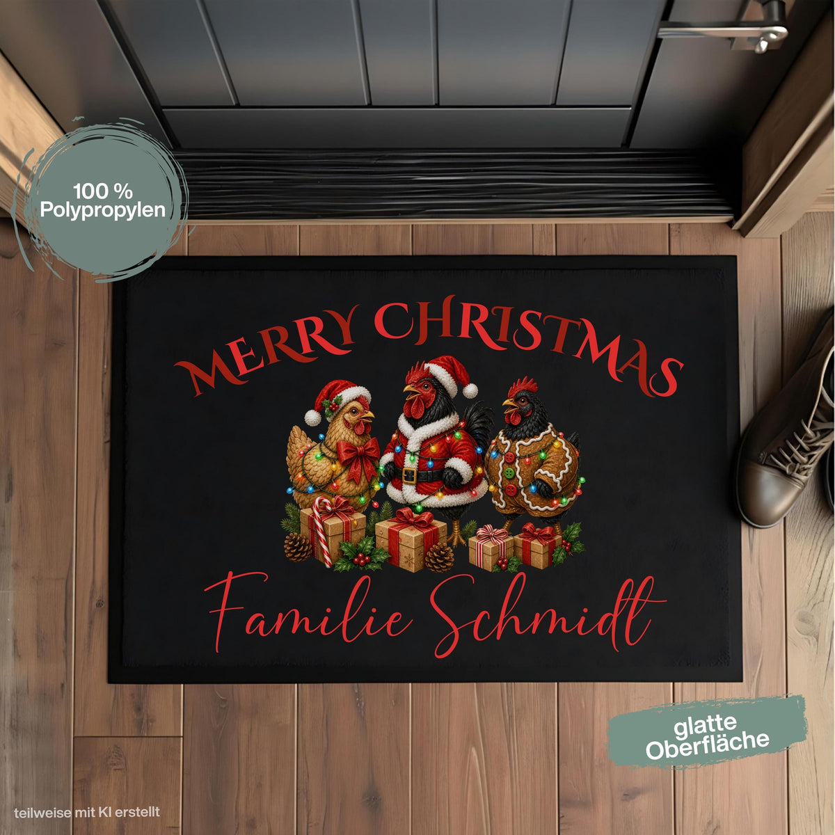 Personalisierte Weihnachtsfußmatte mit geschmückten Hühnern und dem Schriftzug „Merry Christmas“. Die personalisierte Fußmatte mit Namen ist eine weihnachtliche Schmutzfangmatte für Haustür und Eingangsbereich. Merry Christmas Fußmatte für die Adventszeit, passend als Weihnachtsfußmatte, Haustür Fußmatte, Fußmatte Weihnachten, personalisierte Türmatte, Türmatte Weihnachten und winterliche Fußmatte für den Eingang. Eine besondere Weihnachtsdeko für die Tür und Geschenkidee für Hühnerfans. Aus Polypropylen.