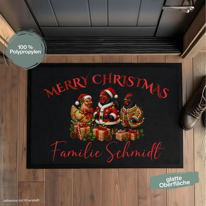 Personalisierte Weihnachtsfußmatte mit geschmückten Hühnern und dem Schriftzug „Merry Christmas“. Die personalisierte Fußmatte mit Namen ist eine weihnachtliche Schmutzfangmatte für Haustür und Eingangsbereich. Merry Christmas Fußmatte für die Adventszeit, passend als Weihnachtsfußmatte, Haustür Fußmatte, Fußmatte Weihnachten, personalisierte Türmatte, Türmatte Weihnachten und winterliche Fußmatte für den Eingang. Eine besondere Weihnachtsdeko für die Tür und Geschenkidee für Hühnerfans. Aus Polypropylen.