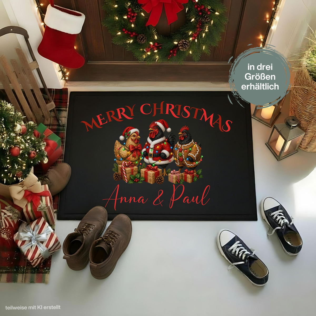 Personalisierte Weihnachtsfußmatte mit geschmückten Hühnern und dem Schriftzug „Merry Christmas“. Die personalisierte Fußmatte mit Namen ist eine weihnachtliche Schmutzfangmatte für Haustür und Eingangsbereich. Merry Christmas Fußmatte für die Adventszeit, passend als Weihnachtsfußmatte, Haustür Fußmatte, Fußmatte Weihnachten, personalisierte Türmatte, Türmatte Weihnachten und winterliche Fußmatte für den Eingang. Eine besondere Weihnachtsdeko für die Tür und Geschenkidee für Hühnerfans. Aus Polypropylen.