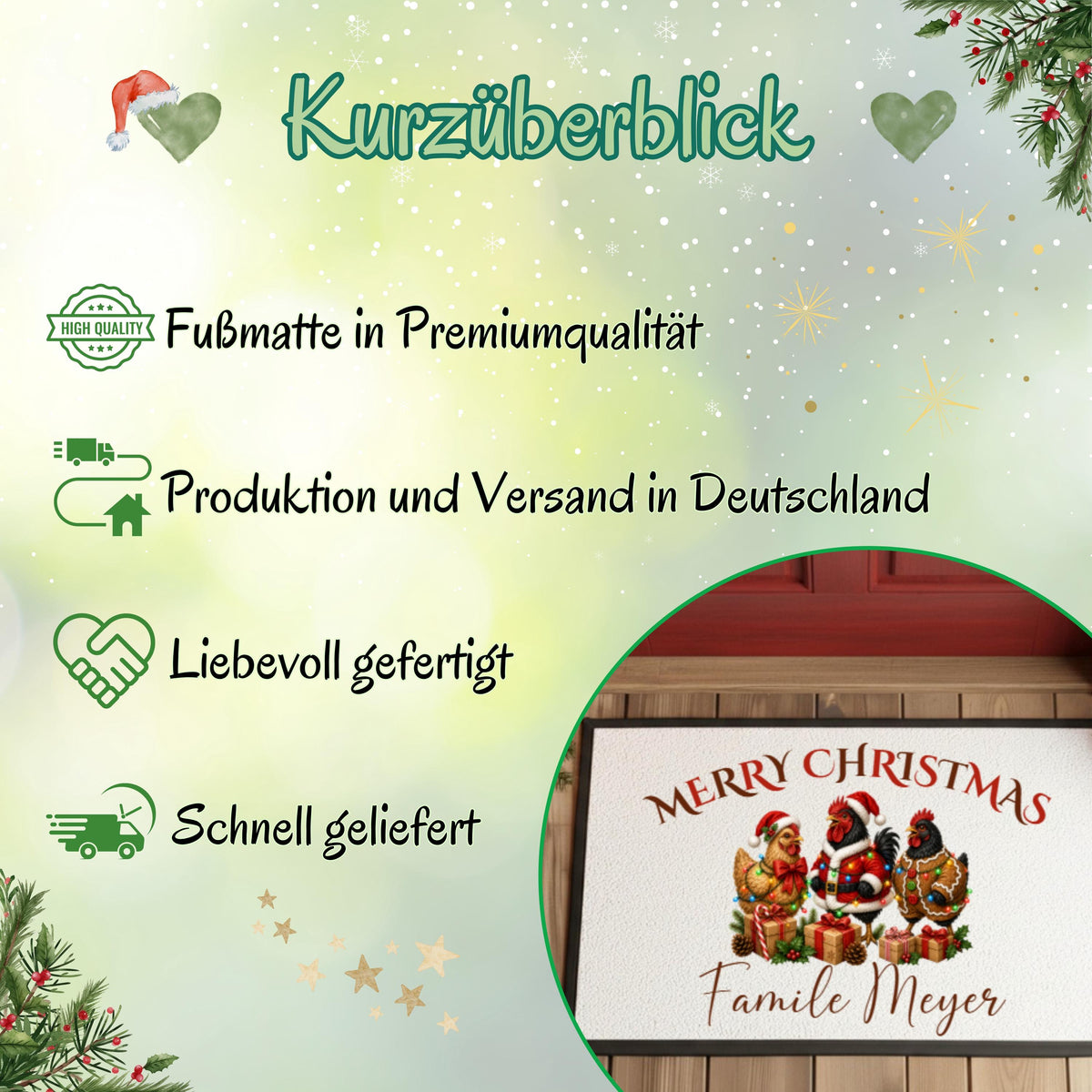 Weihnachtliche Infografik „Kurzüberblick“ zur personalisierten Fußmatte mit Hühnern von MeobellaDesigns. Auf hellgrünem Hintergrund mit Schneeflocken, Herzen, Sternen und Tannenzweigen stehen Hinweise zu Premiumqualität, Produktion und Versand in Deutschland, liebevoller Fertigung und schneller Lieferung. Ein runder Bildausschnitt zeigt die bedruckte Haustürmatte mit festlich geschmückten Hühnern und Familiennamen. Übersicht zum individuell gestalteten Weihnachtsartikel für Haustür und Eingangsbereich.