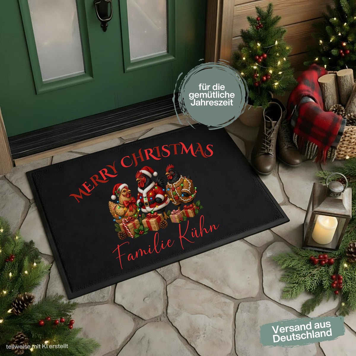 Personalisierte Weihnachtsfußmatte mit geschmückten Hühnern und dem Schriftzug „Merry Christmas“. Die personalisierte Fußmatte mit Namen ist eine weihnachtliche Schmutzfangmatte für Haustür und Eingangsbereich. Merry Christmas Fußmatte für die Adventszeit, passend als Weihnachtsfußmatte, Haustür Fußmatte, Fußmatte Weihnachten, personalisierte Türmatte, Türmatte Weihnachten und winterliche Fußmatte für den Eingang. Eine besondere Weihnachtsdeko für die Tür und Geschenkidee für Hühnerfans. Aus Polypropylen.