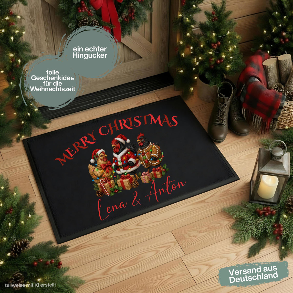 Personalisierte Weihnachtsfußmatte mit geschmückten Hühnern und dem Schriftzug „Merry Christmas“. Die personalisierte Fußmatte mit Namen ist eine weihnachtliche Schmutzfangmatte für Haustür und Eingangsbereich. Merry Christmas Fußmatte für die Adventszeit, passend als Weihnachtsfußmatte, Haustür Fußmatte, Fußmatte Weihnachten, personalisierte Türmatte, Türmatte Weihnachten und winterliche Fußmatte für den Eingang. Eine besondere Weihnachtsdeko für die Tür und Geschenkidee für Hühnerfans. Aus Polypropylen.