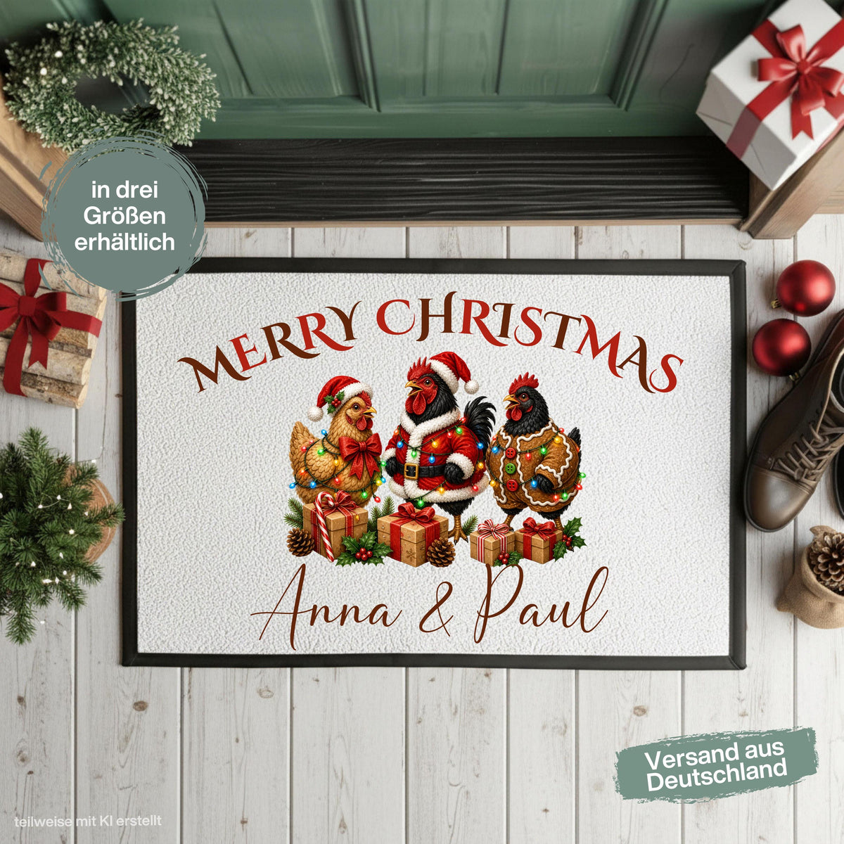 Personalisierte Weihnachtsfußmatte mit geschmückten Hühnern und dem Schriftzug „Merry Christmas“. Die personalisierte Fußmatte mit Namen ist eine weihnachtliche Schmutzfangmatte für Haustür und Eingangsbereich. Merry Christmas Fußmatte für die Adventszeit, passend als Weihnachtsfußmatte, Haustür Fußmatte, Fußmatte Weihnachten, personalisierte Türmatte, Türmatte Weihnachten und winterliche Fußmatte für den Eingang. Eine besondere Weihnachtsdeko für die Tür und Geschenkidee für Hühnerfans. Aus Polypropylen.