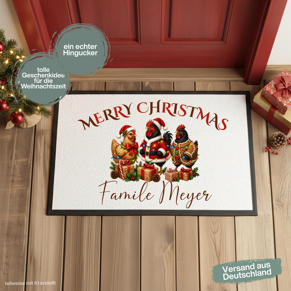 Personalisierte Weihnachtsfußmatte mit geschmückten Hühnern und dem Schriftzug „Merry Christmas“. Die personalisierte Fußmatte mit Namen ist eine weihnachtliche Schmutzfangmatte für Haustür und Eingangsbereich. Merry Christmas Fußmatte für die Adventszeit, passend als Weihnachtsfußmatte, Haustür Fußmatte, Fußmatte Weihnachten, personalisierte Türmatte, Türmatte Weihnachten und winterliche Fußmatte für den Eingang. Eine besondere Weihnachtsdeko für die Tür und Geschenkidee für Hühnerfans. Aus Polypropylen.