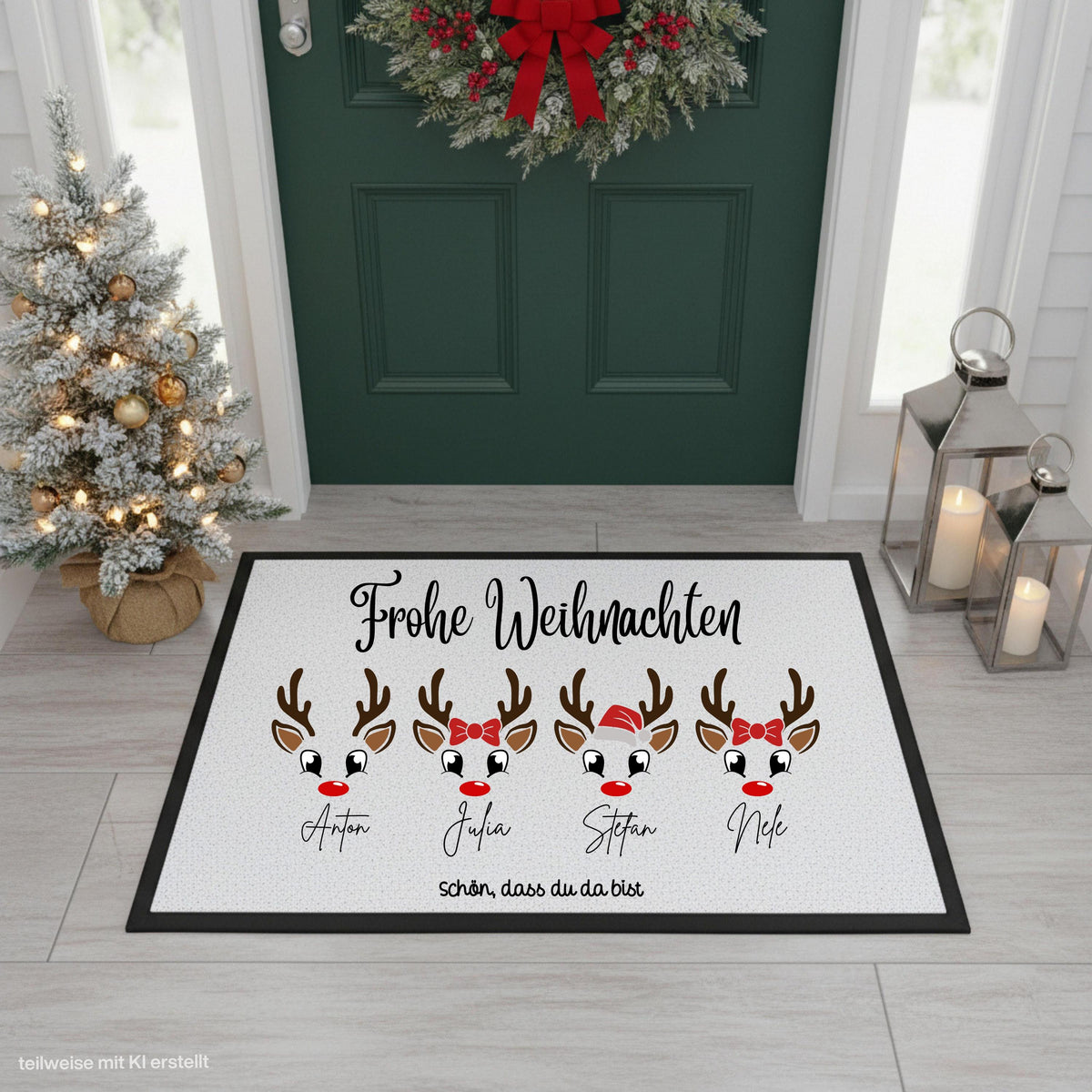 Personalisierte Weihnachtsfußmatte mit mehreren süßen Rentiergesichtern, roten Nasen und dem Schriftzug „Frohe Weihnachten“. Individuelle Fußmatte mit Namen, bei der zwischen Rentier mit Schleife, Rentier mit Weihnachtsmütze und schlichtem Rentier gewählt werden kann. Weihnachtliche Schmutzfangmatte und Haustür Fußmatte für Familien, passend als Fußmatte Weihnachten, Weihnachtsfußmatte, personalisierte Türmatte, Türmatte Weihnachten, Fußmatte Eingang und persönliche Weihnachtsdeko für die Tür.