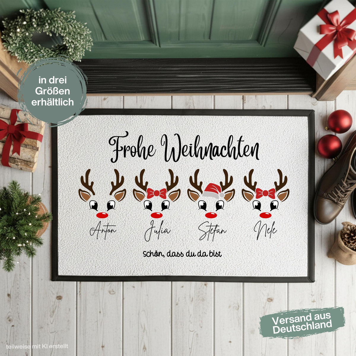 Personalisierte Weihnachtsfußmatte mit mehreren süßen Rentiergesichtern, roten Nasen und dem Schriftzug „Frohe Weihnachten“. Individuelle Fußmatte mit Namen, bei der zwischen Rentier mit Schleife, Rentier mit Weihnachtsmütze und schlichtem Rentier gewählt werden kann. Weihnachtliche Schmutzfangmatte und Haustür Fußmatte für Familien, passend als Fußmatte Weihnachten, Weihnachtsfußmatte, personalisierte Türmatte, Türmatte Weihnachten, Fußmatte Eingang und persönliche Weihnachtsdeko für die Tür.