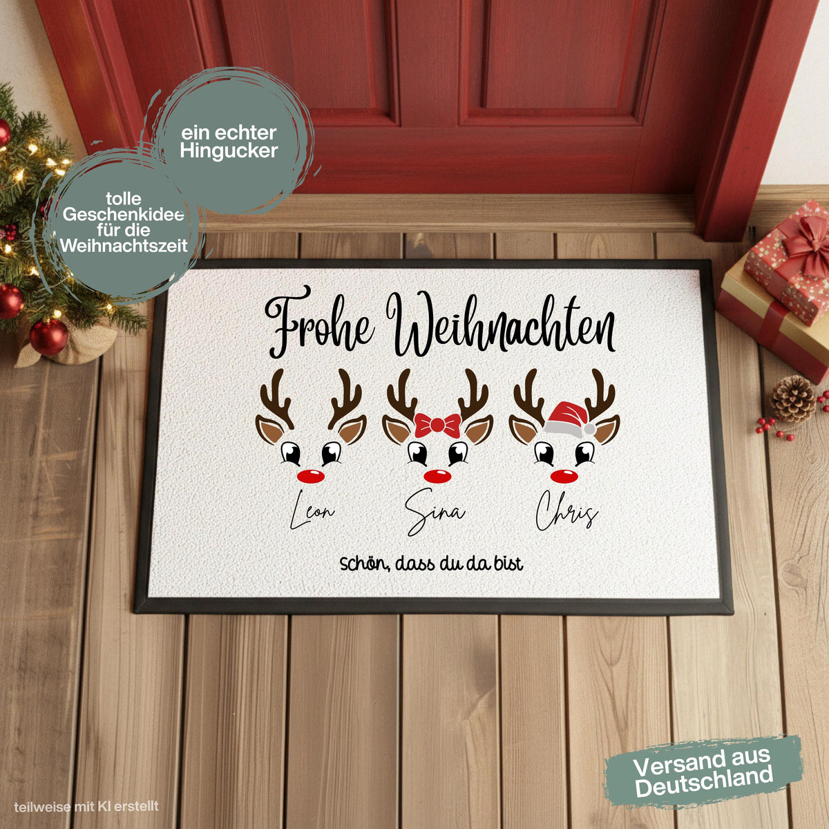Personalisierte Weihnachtsfußmatte mit mehreren süßen Rentiergesichtern, roten Nasen und dem Schriftzug „Frohe Weihnachten“. Individuelle Fußmatte mit Namen, bei der zwischen Rentier mit Schleife, Rentier mit Weihnachtsmütze und schlichtem Rentier gewählt werden kann. Weihnachtliche Schmutzfangmatte und Haustür Fußmatte für Familien, passend als Fußmatte Weihnachten, Weihnachtsfußmatte, personalisierte Türmatte, Türmatte Weihnachten, Fußmatte Eingang und persönliche Weihnachtsdeko für die Tür.