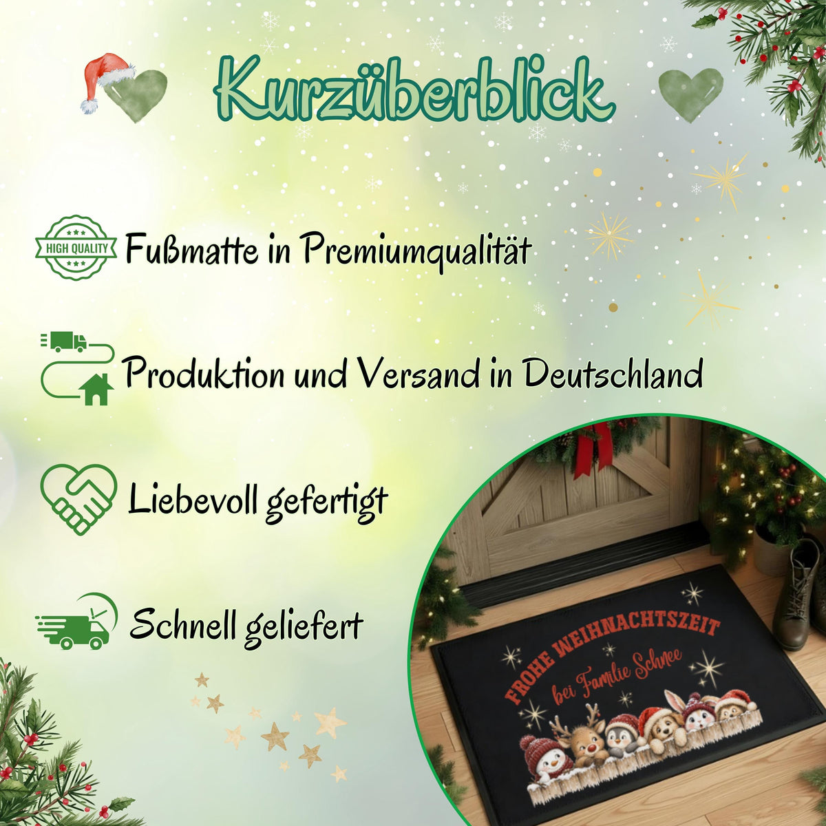 Weihnachtliche Infografik „Kurzüberblick“ zur personalisierten Fußmatte mit Wintertieren von MeobellaDesigns. Auf hellgrünem Hintergrund mit Schneeflocken, Herzen, Sternen und Tannenzweigen stehen Hinweise zu Premiumqualität, Produktion und Versand in Deutschland, liebevoller Fertigung und schneller Lieferung. Ein runder Ausschnitt zeigt die schwarze Haustürmatte mit Tieren in Mützen, Familiennamen und „Frohe Weihnachtszeit“. Übersicht zum bedruckten Weihnachtsartikel für Haustür und Eingangsbereich.