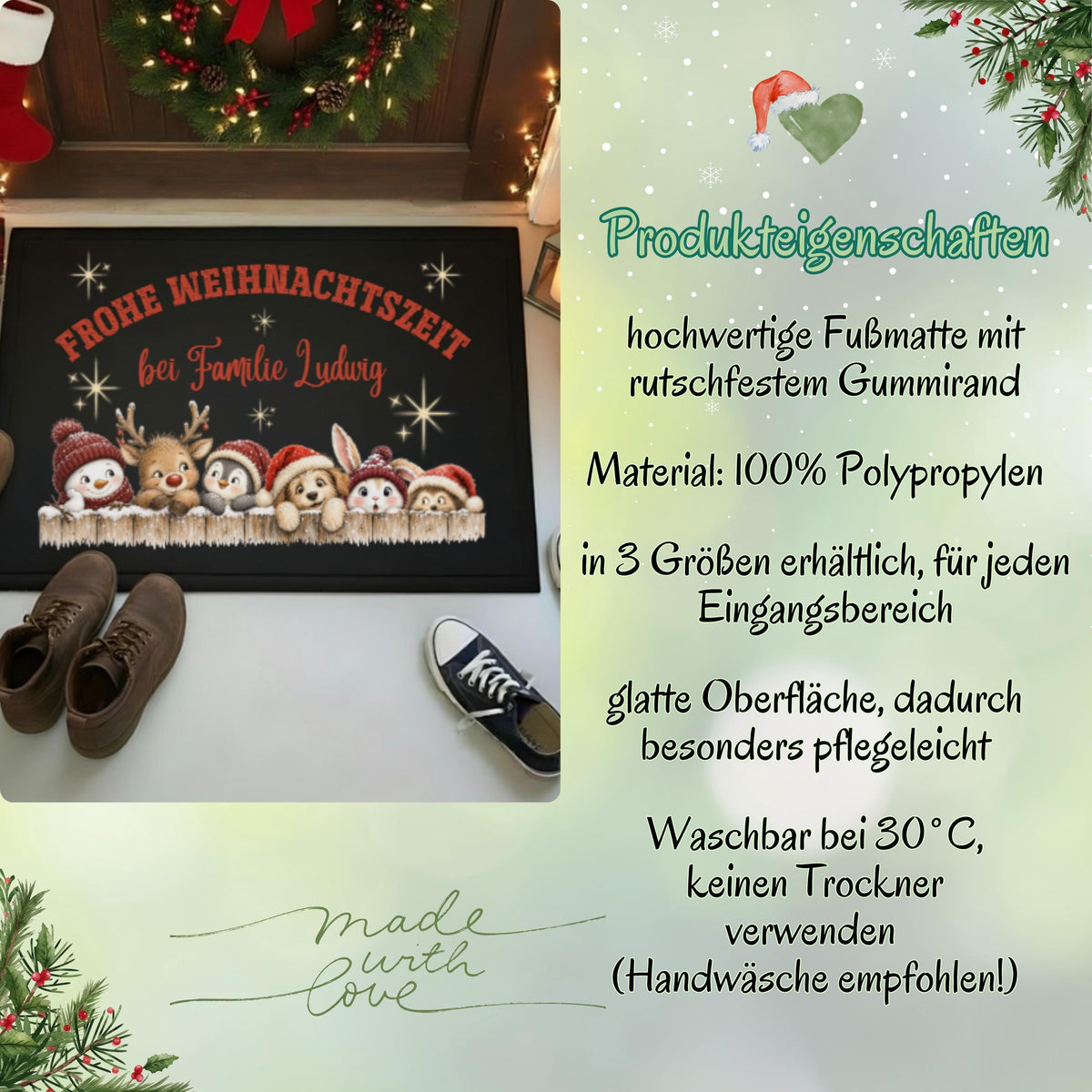 Infografik „Produkteigenschaften“ zur personalisierten Weihnachtsfußmatte mit Wintertieren. Links liegt eine schwarze Matte mit Tiermotiven, Familiennamen und dem Spruch „Frohe Weihnachtszeit“ vor einer geschmückten Haustür. Rechts nennt die Grafik 100 % Polypropylen, drei verfügbare Größen und eine glatte, pflegeleichte Oberfläche. Sichtbare Pflegehinweise: bei 30 °C waschbar, Handwäsche empfohlen und keinen Trockner verwenden. Hellgrüne Weihnachtsgestaltung mit Tannenzweigen und „Made with Love“.