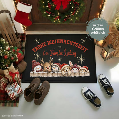 Personalisierte Weihnachtsfußmatte mit Schneemann, Rentier, Pinguin und niedlichen Tieren in Weihnachtsmützen, dem Spruch „Frohe Weihnachtszeit“ und individuellem Familiennamen. Liebevolle personalisierte Fußmatte mit Namen und weihnachtliche Schmutzfangmatte für Haustür und Eingangsbereich. Passend als Fußmatte Weihnachten, Weihnachtsfußmatte, Haustür Fußmatte, personalisierte Türmatte, Türmatte Weihnachten, Fußmatte Eingang, winterliche Haustürmatte und persönliche Weihnachtsdeko für die Tür.