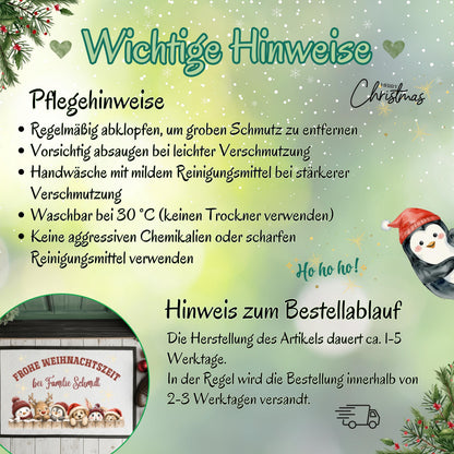 Infografik „Wichtige Hinweise“ zur personalisierten Wintertier-Fußmatte für Weihnachten. Die Grafik empfiehlt Abklopfen bei grobem Schmutz, vorsichtiges Absaugen, Handwäsche mit mildem Reinigungsmittel und Waschen bei 30 °C. Kein Trockner, keine aggressiven Chemikalien oder scharfen Reinigungsmittel. Zum Bestellablauf stehen ca. 1–5 Werktage Herstellung und meist 2–3 Werktage bis zum Versand. Ein runder Ausschnitt zeigt die Namensmatte; Tannenzweige, Schneeflocken und ein Pinguin schmücken den Hintergrund.