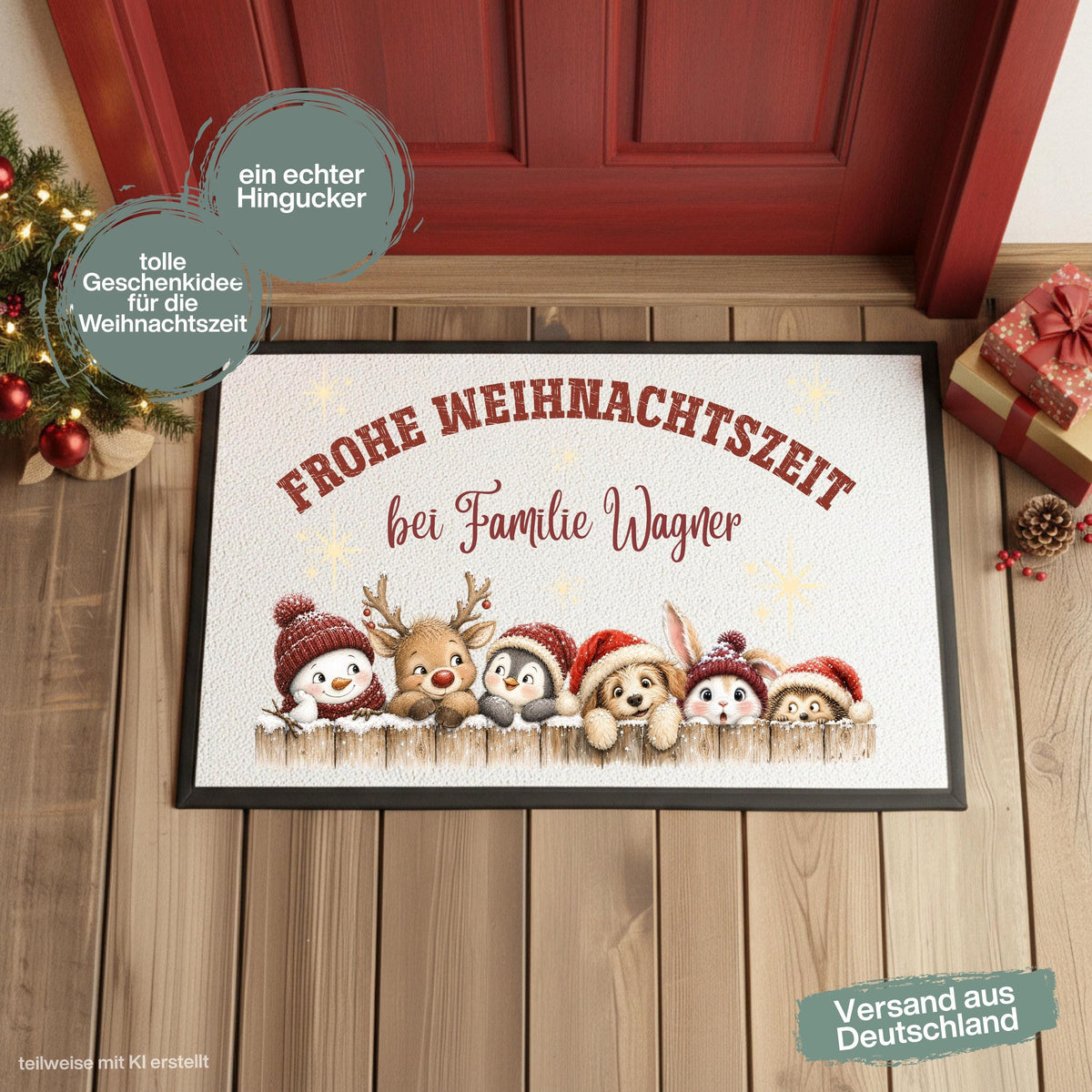 Personalisierte Weihnachtsfußmatte mit Schneemann, Rentier, Pinguin und niedlichen Tieren in Weihnachtsmützen, dem Spruch „Frohe Weihnachtszeit“ und individuellem Familiennamen. Liebevolle personalisierte Fußmatte mit Namen und weihnachtliche Schmutzfangmatte für Haustür und Eingangsbereich. Passend als Fußmatte Weihnachten, Weihnachtsfußmatte, Haustür Fußmatte, personalisierte Türmatte, Türmatte Weihnachten, Fußmatte Eingang, winterliche Haustürmatte und persönliche Weihnachtsdeko für die Tür.
