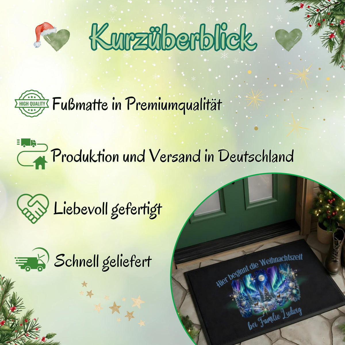 Weihnachtliche Infografik „Kurzüberblick“ zur personalisierten Fußmatte mit Winterwald von MeobellaDesigns. Auf hellgrünem Hintergrund mit Schneeflocken, Herzen, Sternen und Tannenzweigen stehen Hinweise zu Premiumqualität, Produktion und Versand in Deutschland, liebevoller Fertigung und schneller Lieferung. Ein runder Bildausschnitt zeigt die bedruckte Haustürmatte mit Winterlandschaft, Tannen und Familiennamen. Übersicht zum individuell gestalteten Weihnachtsartikel für Haustür und Eingangsbereich.