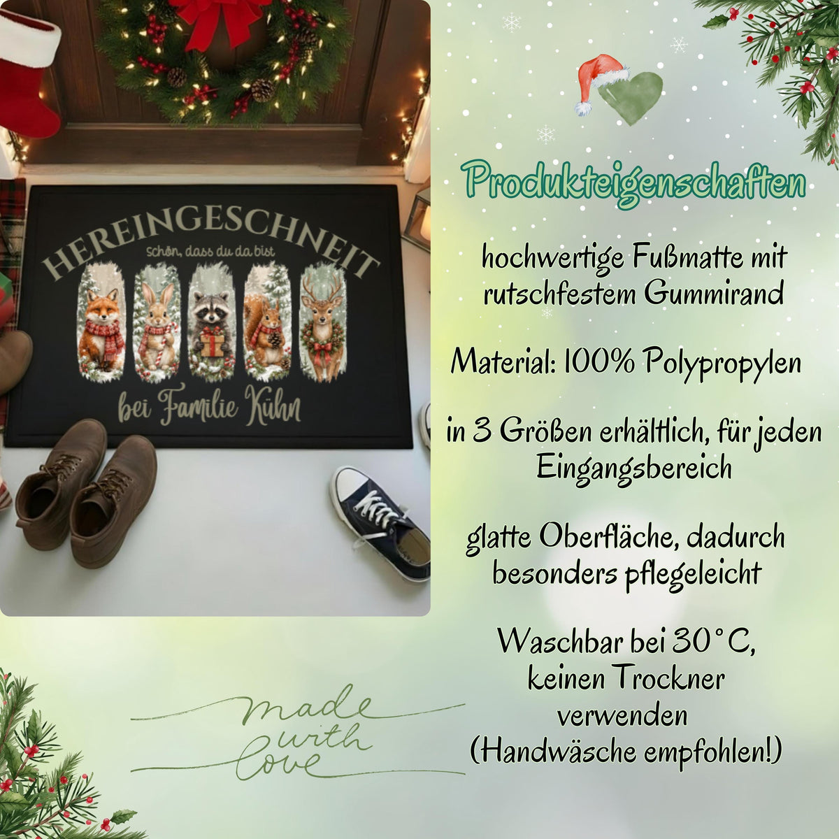 Infografik „Produkteigenschaften“ zur personalisierten Weihnachtsfußmatte mit Waldtieren. Links zeigt ein Foto die Matte mit Waldtieren, Familiennamen und dem Spruch „Hereingeschneit – schön, dass du da bist“ vor einer Haustür. Rechts nennt die Grafik 100 % Polypropylen, drei verfügbare Größen und eine glatte, pflegeleichte Oberfläche. Sichtbare Pflegehinweise: bei 30 °C waschbar, Handwäsche empfohlen und keinen Trockner verwenden. Hellgrüne Weihnachtsgestaltung mit Tannenzweigen und „Made with Love“.