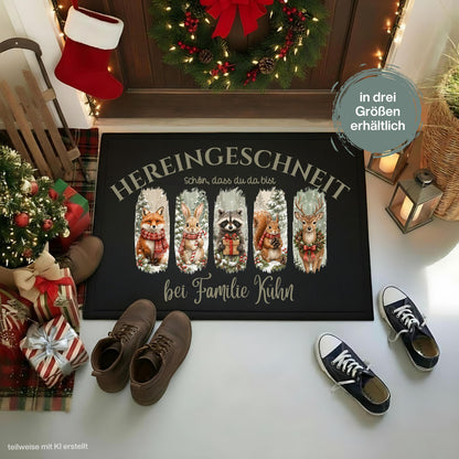 Personalisierte Weihnachtsfußmatte mit winterlichen Waldtieren wie Fuchs, Hase, Waschbär, Eichhörnchen und Reh, verschneitem Wald und dem Spruch „Hereingeschneit – schön, dass du da bist“. Personalisierte Fußmatte mit Namen und winterliche Schmutzfangmatte für Haustür und Eingang. Passend als Fußmatte Weihnachten, Weihnachtsfußmatte, Haustür Fußmatte, Fußmatte Winter, personalisierte Türmatte, Türmatte Weihnachten, Fußmatte Eingang und weihnachtliche Haustürmatte für die Adventszeit. Aus Polypropylen.