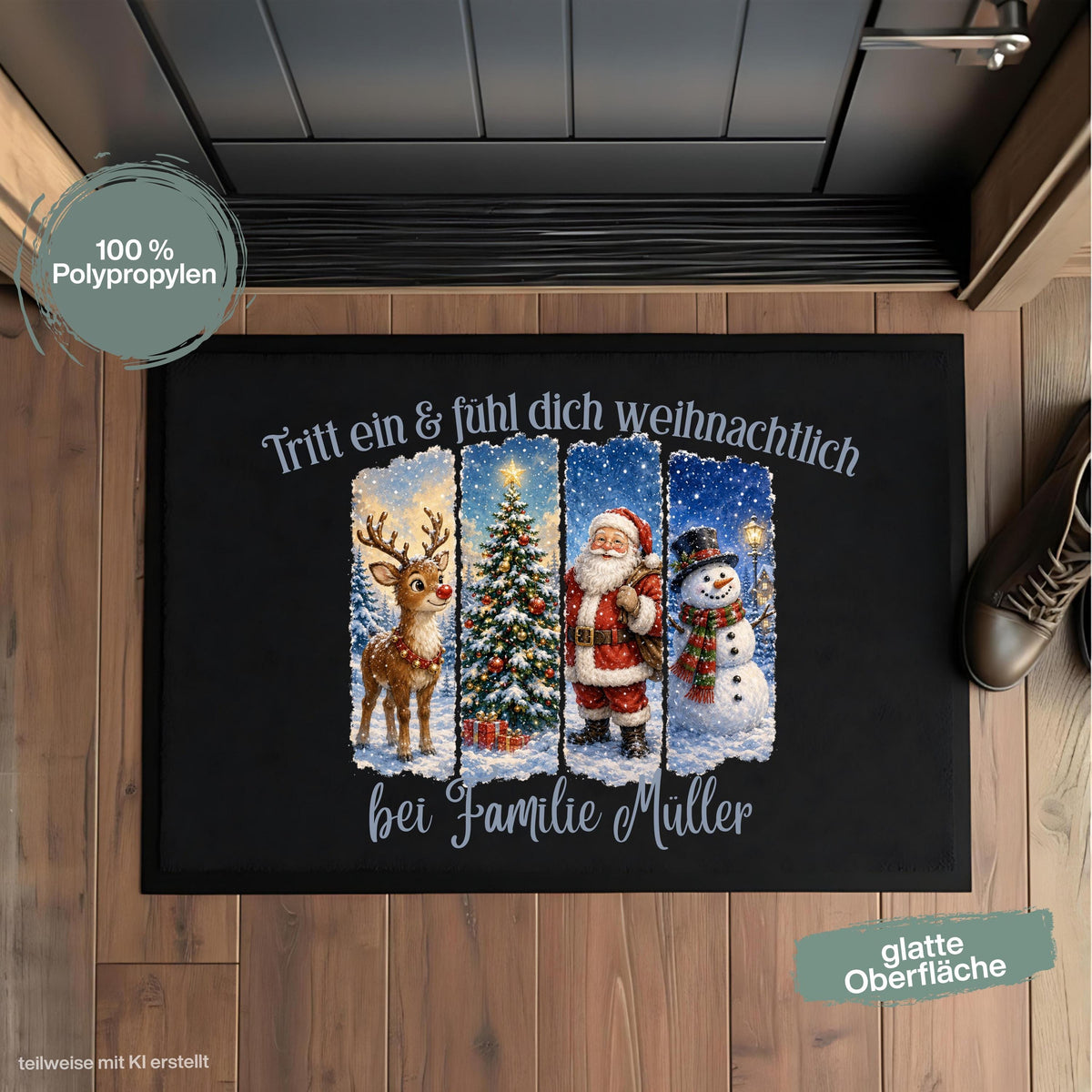 Personalisierte Weihnachtsfußmatte mit Weihnachtsmann, Rentier, Tannenbaum, Schneemann und verschneiter Winterlandschaft sowie dem Spruch „Tritt ein & fühl dich weihnachtlich“. Personalisierte Fußmatte mit Namen und weihnachtliche Schmutzfangmatte für Haustür und Eingang. Passend als Fußmatte Weihnachten, Weihnachtsfußmatte, Haustür Fußmatte, Fußmatte Winter, personalisierte Türmatte, Türmatte Weihnachten, Fußmatte Eingang, Weihnachts Schmutzfangmatte und festliche Weihnachtsdeko für die Tür.