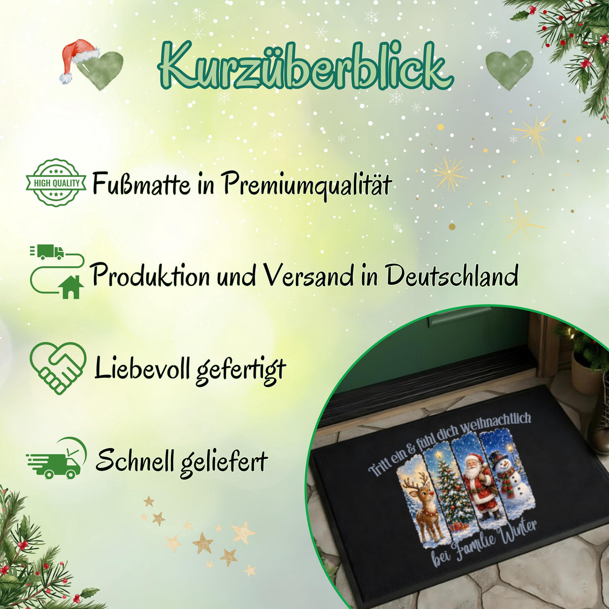 Weihnachtliche Infografik „Kurzüberblick“ zur personalisierten Fußmatte mit Weihnachtsmotiv von MeobellaDesigns. Auf hellgrünem Hintergrund mit Schneeflocken, Herzen, Sternen und Tannenzweigen stehen Hinweise zu Premiumqualität, Produktion und Versand in Deutschland, liebevoller Fertigung und schneller Lieferung. Ein runder Bildausschnitt zeigt die bedruckte Haustürmatte mit Weihnachtsfiguren und Familiennamen. Übersicht zum individuell gestalteten Weihnachtsartikel für Haustür und Eingangsbereich.