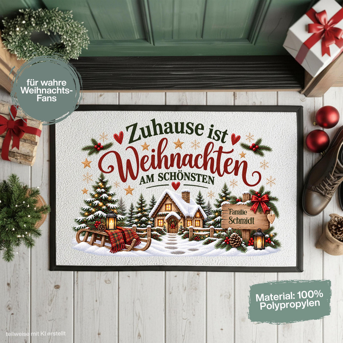 Personalisierte Weihnachtsfußmatte mit verschneitem Haus, Tannenbäumen, Schlitten, Laternen und dem Spruch „Zuhause ist Weihnachten am schönsten“. Weihnachtliche personalisierte Fußmatte mit Namen, Schmutzfangmatte und Haustür Fußmatte für Familien. Ideal als Fußmatte Weihnachten, Weihnachtsfußmatte, Fußmatte mit Namen, personalisierte Türmatte, Türmatte Weihnachten, Fußmatte Winter, Fußmatte Eingang, Schmutzfangmatte Weihnachten, Haustürmatte und persönliche Weihnachtsdeko für die Tür. Aus Polypropylen.