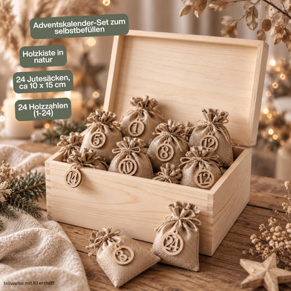 Personalisierter Adventskalender aus Holz für Kinder mit Weihnachts-Dino und Wunschnamen, Adventskiste und Weihnachtskalender zum Befüllen mit 24 Beuteln. Individueller Adventskalender personalisiert mit Namen, Adventskalender Holz, Adventskalender Kiste und wiederverwendbare Weihnachtsdeko für die Adventszeit. Adventskalender zum Befüllen als Holzkiste wahlweise einzeln oder im Set mit 24 Jutebeuteln und Holzzahlen, personalisierte Geschenkidee für Kinder zu Weihnachten. Maße: ca. 29,4 × 19,4 × 13,2 cm.