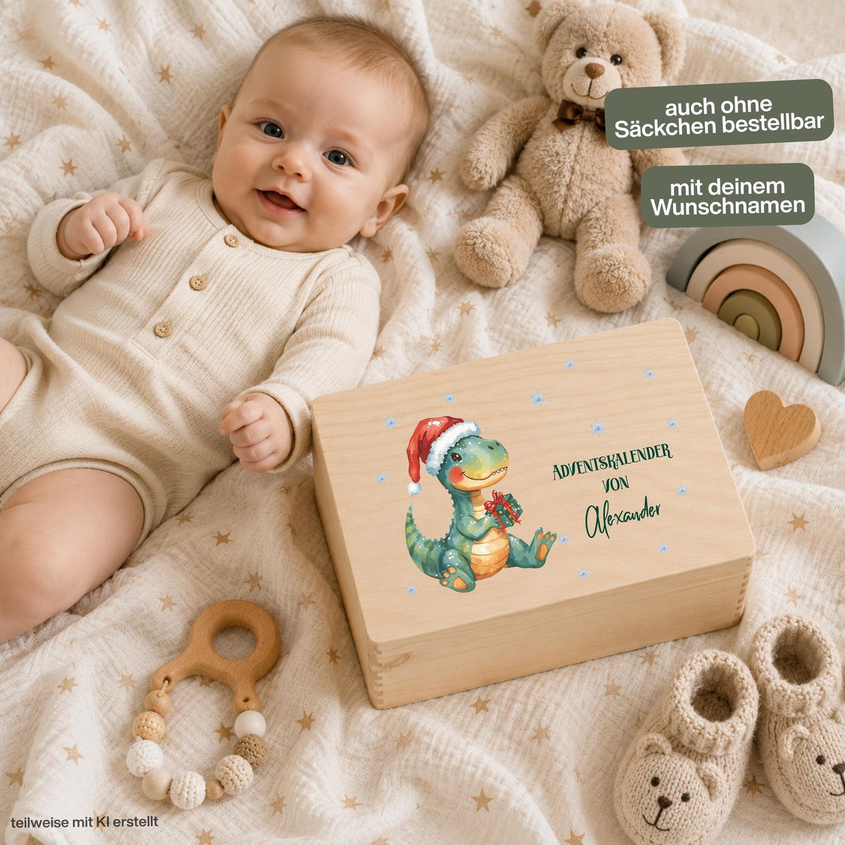 Personalisierter Adventskalender aus Holz für Kinder mit Weihnachts-Dino und Wunschnamen, Adventskiste und Weihnachtskalender zum Befüllen mit 24 Beuteln. Individueller Adventskalender personalisiert mit Namen, Adventskalender Holz, Adventskalender Kiste und wiederverwendbare Weihnachtsdeko für die Adventszeit. Adventskalender zum Befüllen als Holzkiste wahlweise einzeln oder im Set mit 24 Jutebeuteln und Holzzahlen, personalisierte Geschenkidee für Kinder zu Weihnachten. Maße: ca. 29,4 × 19,4 × 13,2 cm.