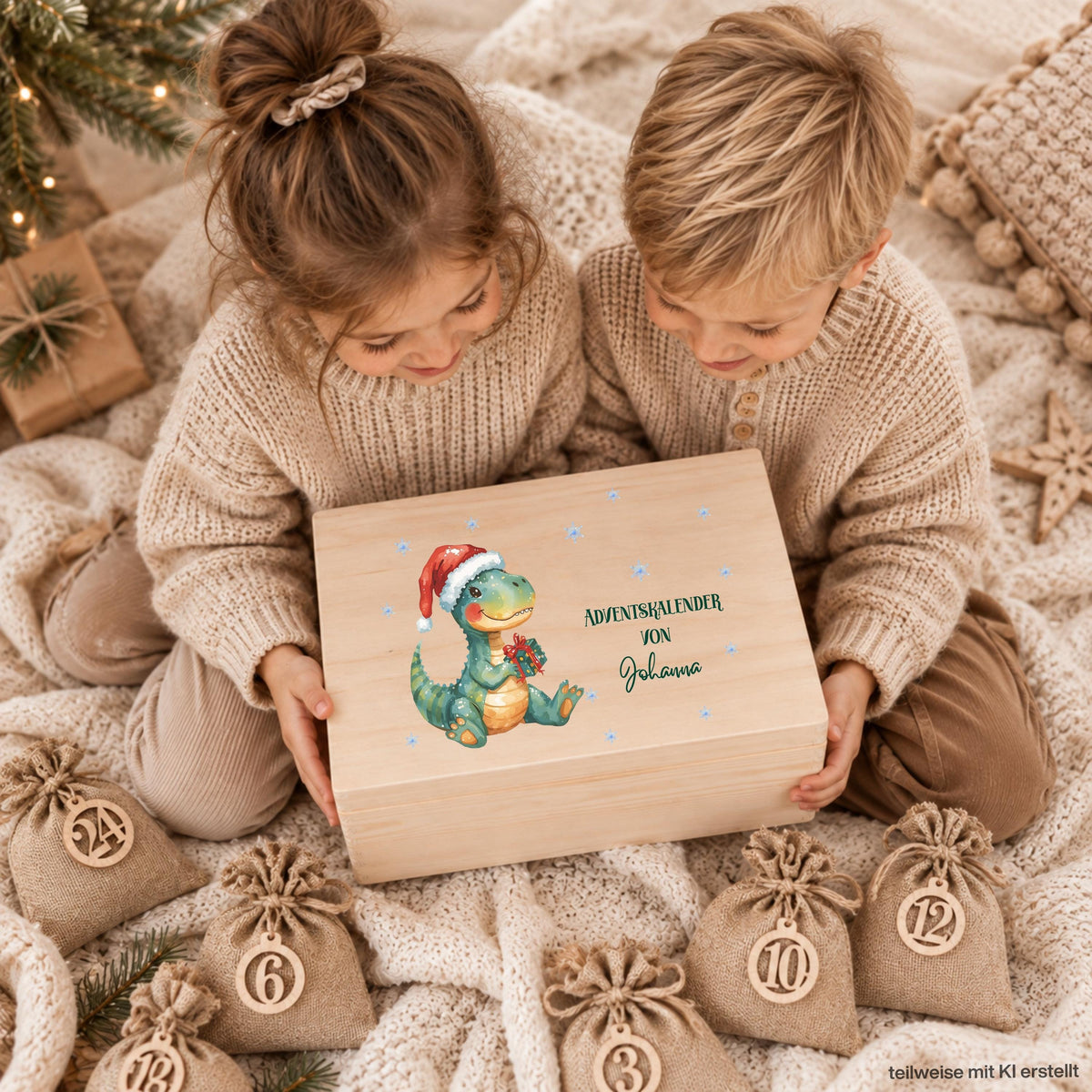 Personalisierter Adventskalender aus Holz für Kinder mit Weihnachts-Dino und Wunschnamen, Adventskiste und Weihnachtskalender zum Befüllen mit 24 Beuteln. Individueller Adventskalender personalisiert mit Namen, Adventskalender Holz, Adventskalender Kiste und wiederverwendbare Weihnachtsdeko für die Adventszeit. Adventskalender zum Befüllen als Holzkiste wahlweise einzeln oder im Set mit 24 Jutebeuteln und Holzzahlen, personalisierte Geschenkidee für Kinder zu Weihnachten. Maße: ca. 29,4 × 19,4 × 13,2 cm.