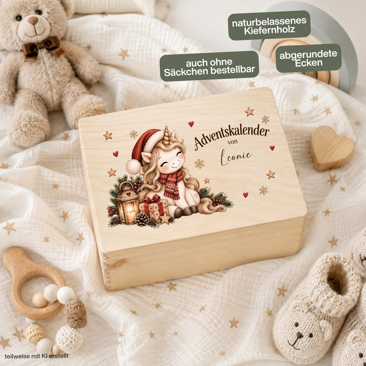 Adventskiste personalisiert mit Namen und Einhorn als wiederverwendbarer Adventskalender für Kinder. Der Adventskalender aus Holz kann als einzelne personalisierte Holzkiste oder als komplettes Set mit 24 Jutebeuteln und Holzzahlen bestellt werden. Persönlicher Weihnachtskalender mit Namen, Adventskalender Holz, Adventskalender Kiste, Adventskalender zum Befüllen und Einhorn Adventskalender für Kinder – eine zauberhafte Weihnachtsdeko und schöne Adventstradition für Einhorn-Fans. Aus Kiefernholz.