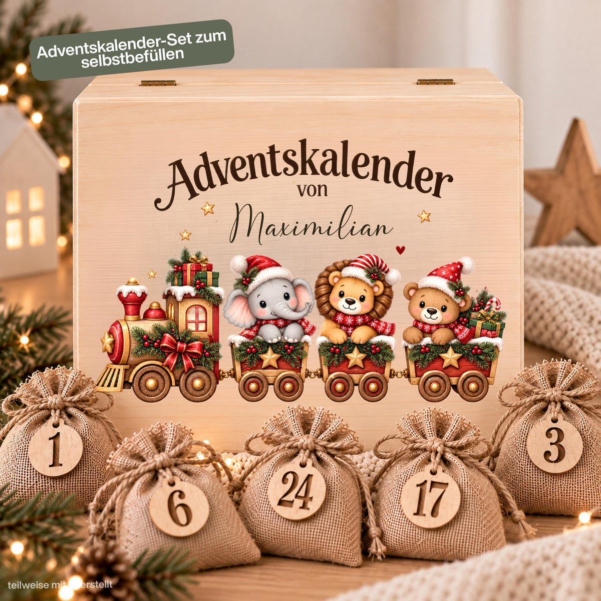 Adventskalender zum Befüllen für Kinder als personalisierte Holzkiste mit Weihnachtszug, niedlichen Tieren und Wunschnamen. Das komplette Adventskalender-Set enthält die Adventskiste aus Holz, 24 Jutesäckchen und 24 Holzzahlen von 1 bis 24 zum individuellen Selbstbefüllen. Personalisierter Adventskalender, Adventskalender Beutel, Adventskalender Box, Adventskiste Kinder und Weihnachtskalender mit Namen als wiederverwendbare Weihnachtsdeko für die Adventszeit. Maße: ca. 29,4 × 19,4 × 13,2 cm. UV-Druck.
