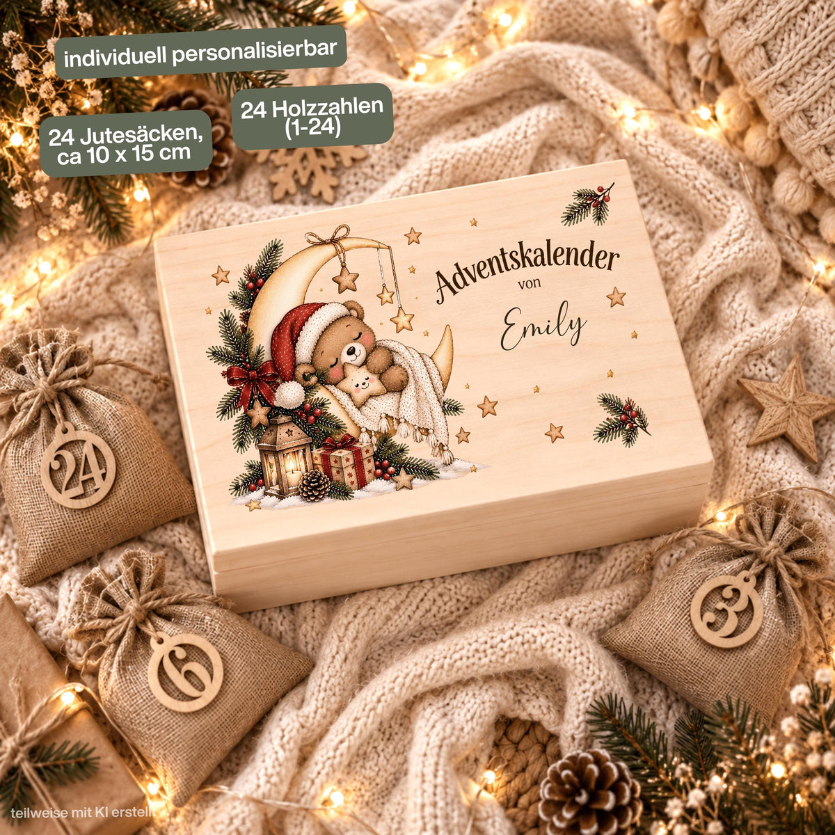 Adventskalender zum Befüllen für Kinder als personalisierte Holzkiste mit Teddy, Mond, Sternen und Wunschnamen. Das komplette Adventskalender-Set enthält die Adventskiste aus Holz, 24 Jutesäckchen und 24 Holzzahlen von 1 bis 24 zum individuellen Selbstbefüllen. Personalisierter Adventskalender, Adventskalender Beutel, Adventskalender Box, Adventskiste Kinder und Weihnachtskalender mit Namen als wiederverwendbare Weihnachtsdeko für eine gemütliche und persönliche Adventszeit. Maße: ca. 29,4 × 19,4 × 13,2 cm.