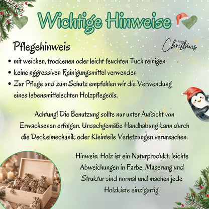 Infografik „Wichtige Hinweise“ zum Adventskalender aus Holz. Die Grafik nennt Reinigung mit weichem, trockenem oder leicht feuchtem Tuch, Verzicht auf aggressive Reiniger und lebensmittelechtes Holzpflegeöl. Sie weist auf Nutzung unter Aufsicht Erwachsener und mögliche Verletzungen durch Deckelmechanik oder Kleinteile hin. Unterschiede in Farbe, Maserung und Struktur des Holzes werden erklärt. Ein runder Ausschnitt zeigt die offene Kiste mit Jutesäckchen; Tannenzweige und ein Pinguin schmücken das Bild.