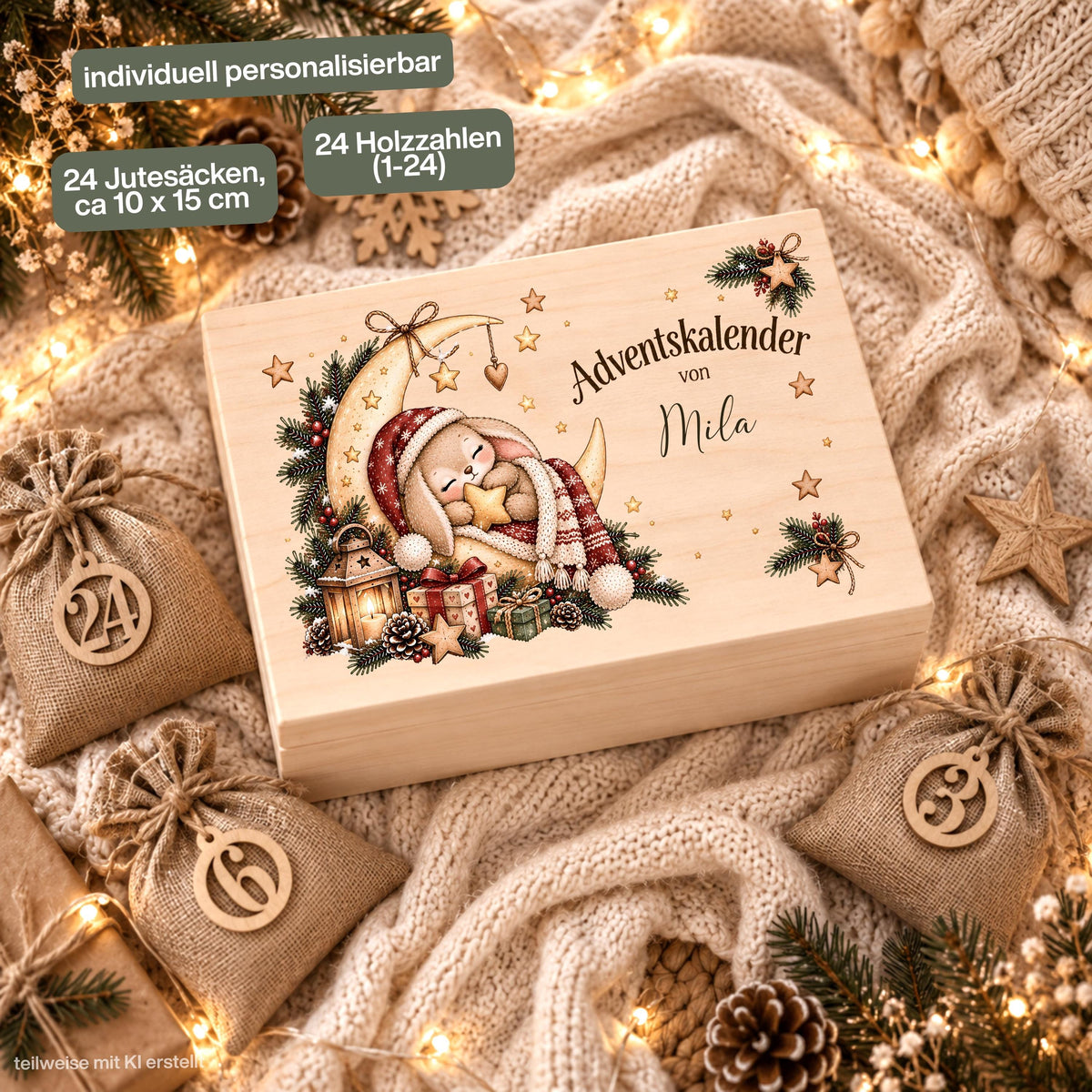 Personalisierter Adventskalender aus Holz für Kinder mit schlafendem Weihnachts-Häschen auf einer Mondsichel und Wunschnamen Sophia. Die Adventskiste ist wahlweise einzeln oder als Adventskalender zum Befüllen mit 24 Jutesäckchen und Holzzahlen erhältlich. Wiederverwendbarer Adventskalender personalisiert mit Namen, Adventskalender Holz, Adventskalender Kiste, Adventskiste personalisiert und Weihnachtskalender für Kinder – ein Motiv für kleine Träumer und eine persönliche Adventstradition. Aus Kiefernholz.