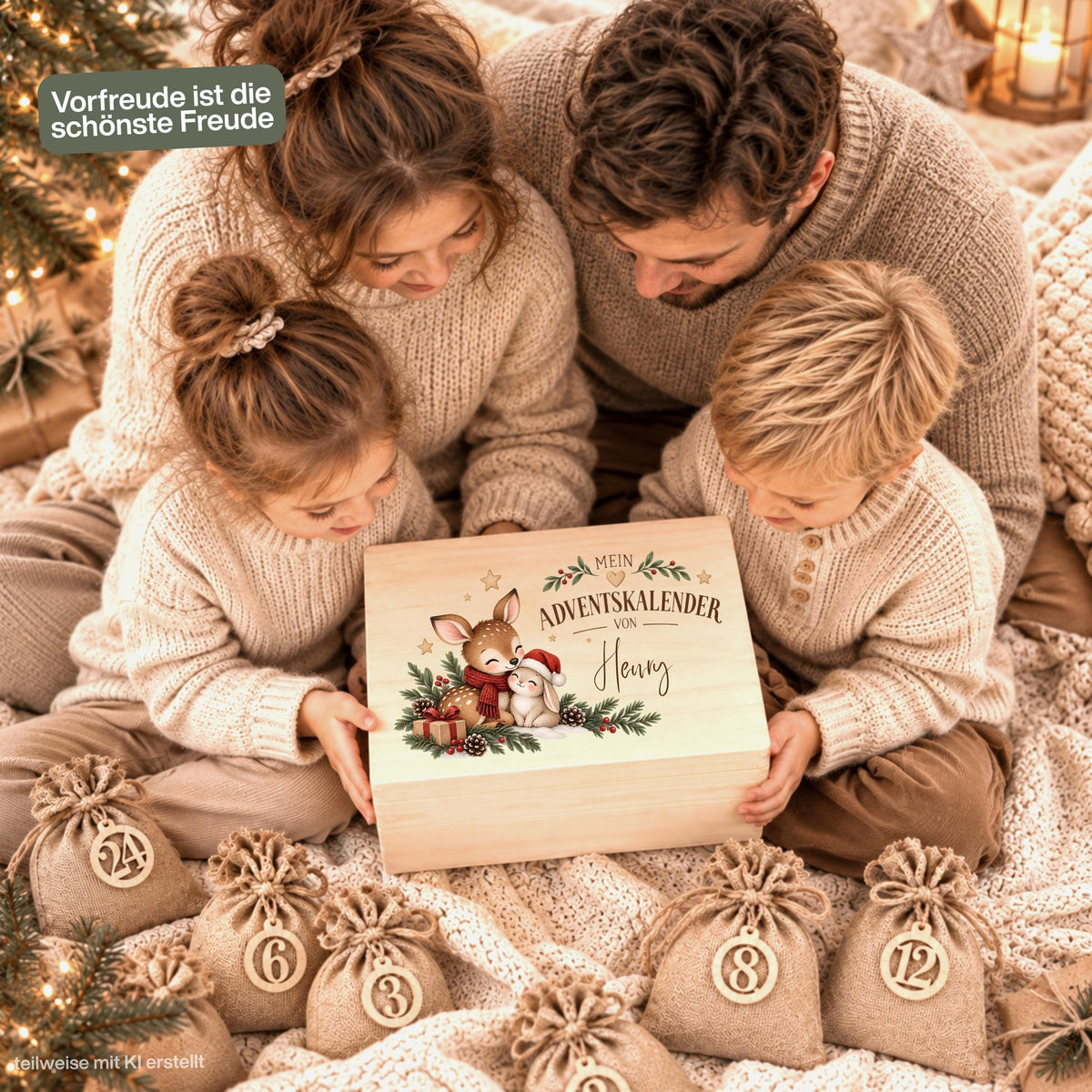Adventskalender zum Befüllen für Kinder als personalisierte Holzkiste mit Reh, Hase und Wunschnamen. Das komplette Adventskalender-Set besteht aus einer Adventskiste aus Holz sowie 24 Jutesäckchen und 24 Holzzahlen von 1 bis 24 zum Selbstbefüllen. Personalisierter Adventskalender, Adventskalender Beutel, Adventskalender Box, Adventskiste Kinder und Weihnachtskalender mit Namen als wiederverwendbare Weihnachtsdeko für eine gemütliche Adventszeit und 24 individuell ausgewählte Überraschungen. Aus Kiefernholz.