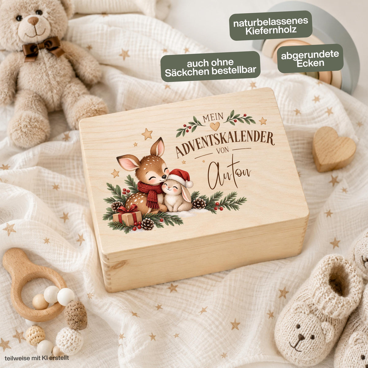 Personalisierter Adventskalender aus Holz für Kinder mit niedlichem Reh und Häschen sowie Wunschnamen Johanna. Die Adventskiste ist wahlweise einzeln oder als Adventskalender zum Befüllen mit 24 Jutesäckchen und Holzzahlen erhältlich. Wiederverwendbarer Adventskalender personalisiert mit Namen, Adventskalender Holz, Adventskalender Kiste, Adventskiste personalisiert und Weihnachtskalender für Kinder mit liebevollem Waldtier-Motiv für eine Adventstradition und viele gemeinsame Weihnachtsfeste. UV-Druck.