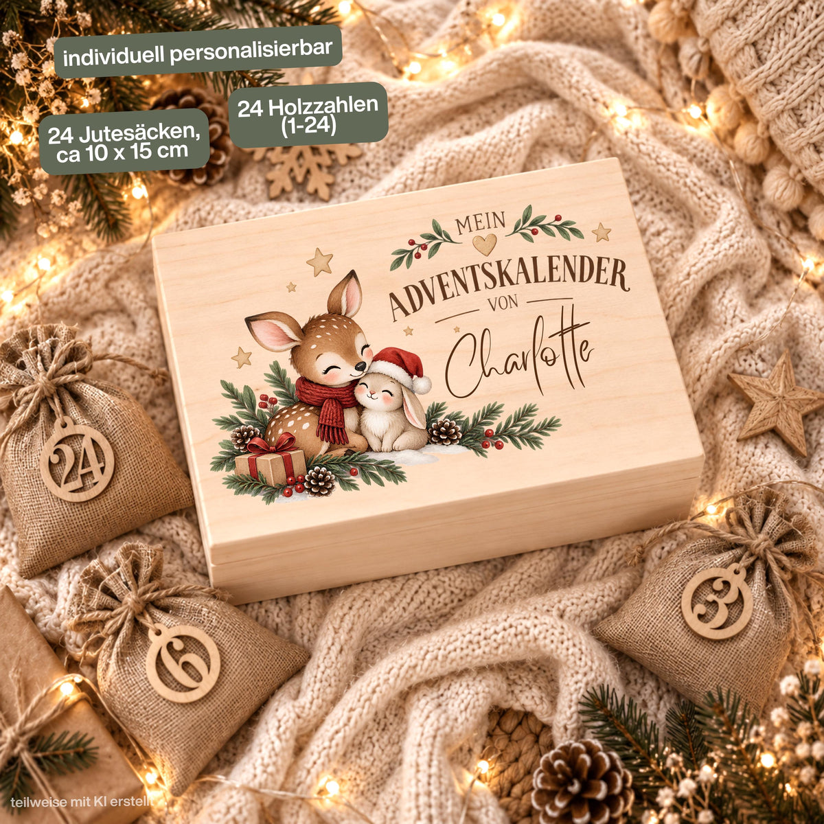 Adventskalender zum Befüllen für Kinder als personalisierte Holzkiste mit Reh, Hase und Wunschnamen. Das komplette Adventskalender-Set besteht aus einer Adventskiste aus Holz sowie 24 Jutesäckchen und 24 Holzzahlen von 1 bis 24 zum Selbstbefüllen. Personalisierter Adventskalender, Adventskalender Beutel, Adventskalender Box, Adventskiste Kinder und Weihnachtskalender mit Namen als wiederverwendbare Weihnachtsdeko für eine gemütliche Adventszeit und 24 individuell ausgewählte Überraschungen. Aus Kiefernholz.