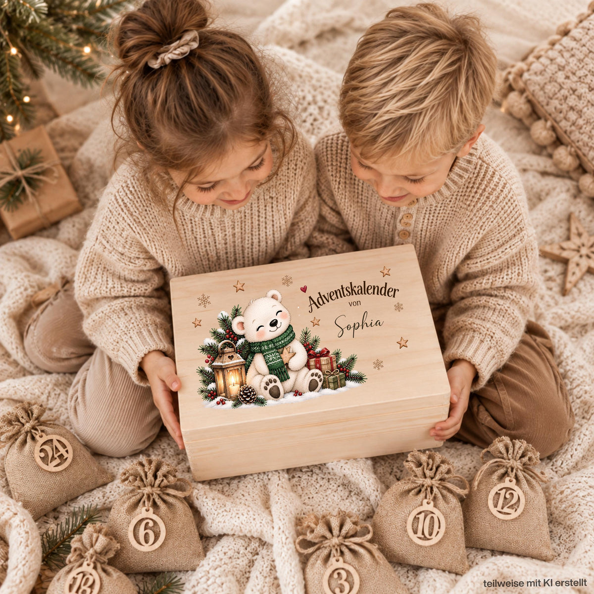 Adventskiste personalisiert mit Namen und winterlichem Eisbär als wiederverwendbarer Adventskalender für Kinder. Der Adventskalender aus Holz kann als einzelne personalisierte Holzkiste oder als komplettes Set mit 24 Jutebeuteln und 24 Holzzahlen bestellt werden. Adventskalender Holz, Adventskalender Kiste, Adventskalender zum Befüllen, Weihnachtskalender mit Namen und Eisbär Adventskalender für Kinder – jedes Jahr individuell befüllbar und als persönliche Weihnachtstradition wiederverwendbar. UV-Druck.