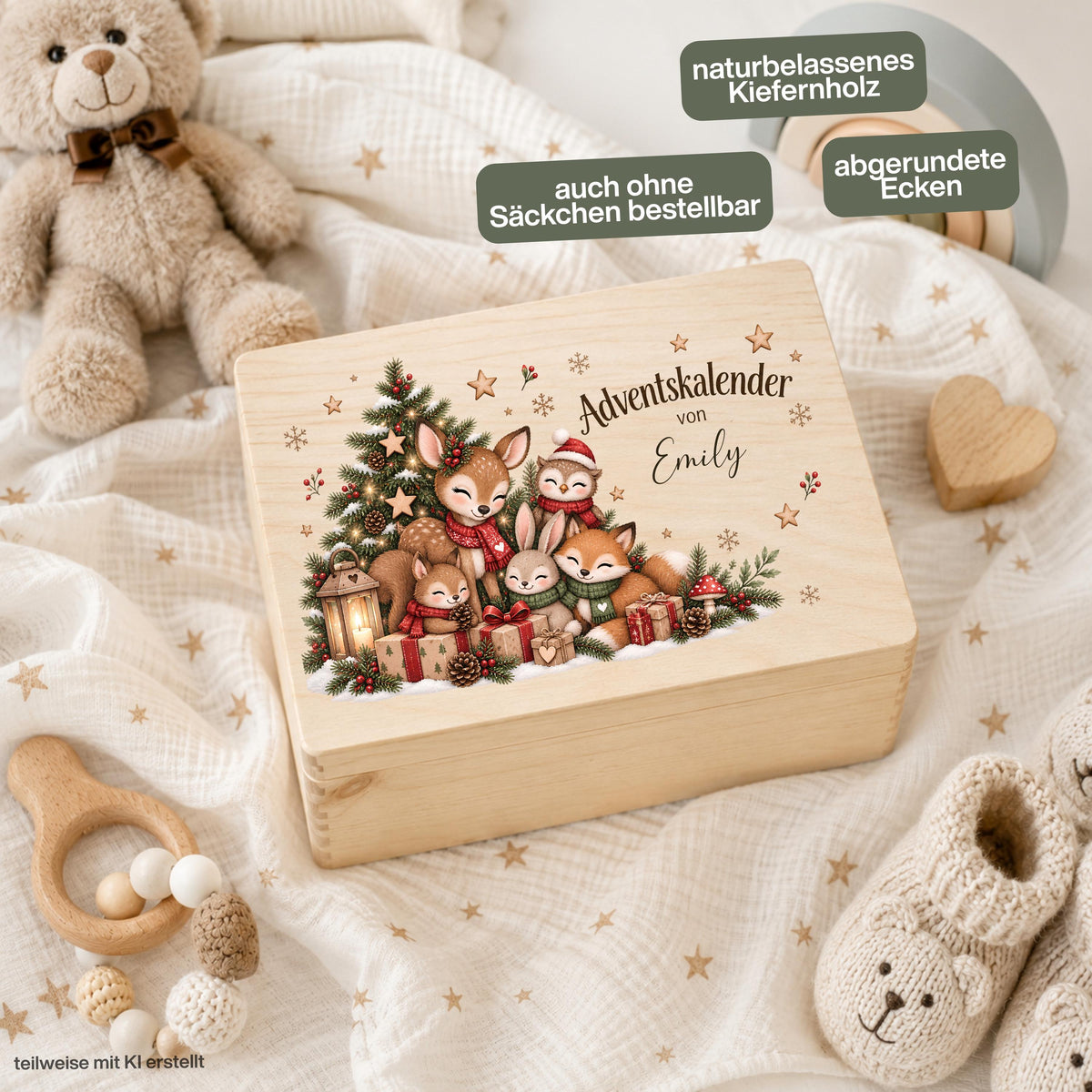 Adventskiste personalisiert mit Namen und liebevollen Waldtieren als wiederverwendbarer Adventskalender für Kinder. Drei Motive mit Rehen, Fuchs, Häschen, Igel und weiteren kleinen Waldfreunden stehen zur Auswahl. Der Adventskalender aus Holz ist als personalisierte Holzkiste oder als komplettes Set mit 24 Jutebeuteln und 24 Holzzahlen erhältlich. Adventskalender Holz, Adventskalender Kiste, Adventskalender zum Befüllen und Weihnachtskalender mit Namen – jedes Jahr individuell neu befüllbar.