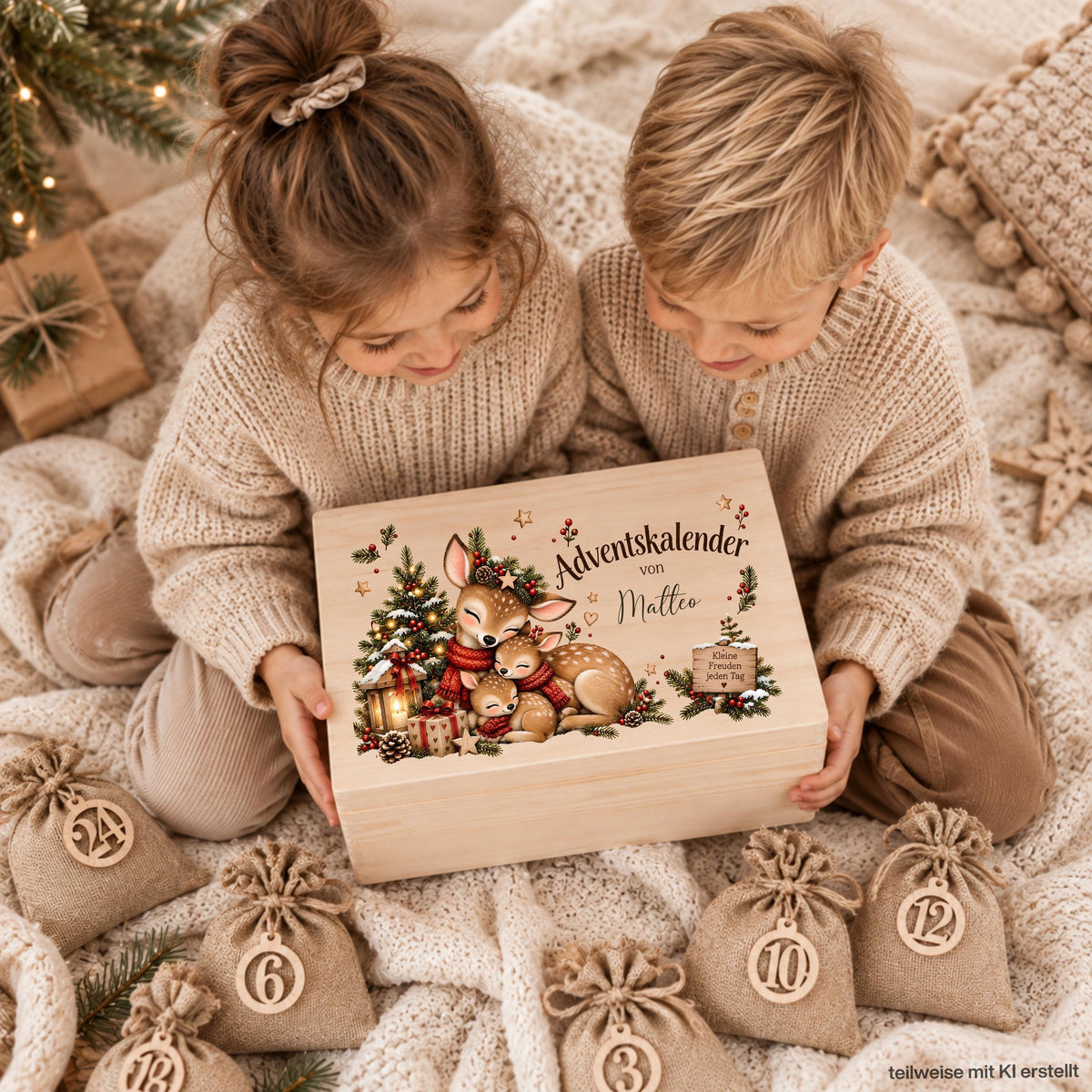 Personalisierter Adventskalender aus Holz für Kinder mit drei winterlichen Waldtier-Motiven zur Auswahl und individuellem Wunschnamen. Die Designs zeigen eine Rehfamilie sowie liebevolle Waldtiere mit Reh, Fuchs, Hase und Igel. Die Adventskiste ist einzeln oder als Adventskalender zum Befüllen mit 24 Jutesäckchen und Holzzahlen erhältlich. Wiederverwendbarer Adventskalender personalisiert, Adventskalender Holz, Adventskalender Kiste, Adventskiste personalisiert und Weihnachtskalender für Kinder.