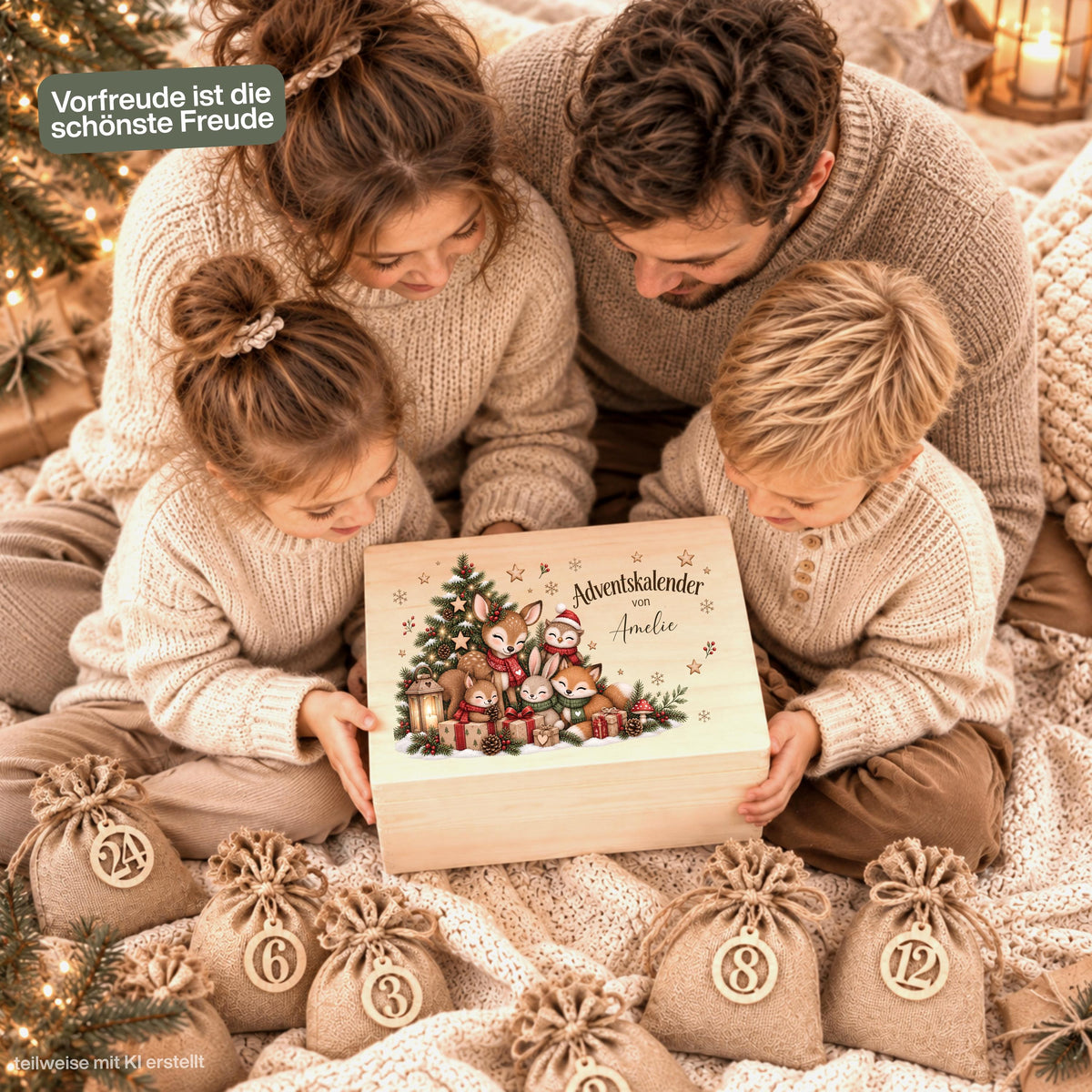 Adventskalender zum Befüllen für Kinder als personalisierte Holzkiste mit drei Waldtiere-Designs und Wunschnamen. Zur Auswahl stehen ein weihnachtliches Reh-Motiv sowie zwei verschiedene Motive mit niedlichen Waldtieren. Das komplette Adventskalender-Set enthält die Adventskiste aus Holz sowie 24 Jutesäckchen und 24 Holzzahlen von 1 bis 24. Personalisierter Adventskalender, Adventskalender Beutel, Adventskalender Box, Adventskiste Kinder und Weihnachtskalender mit Namen zum Selbstbefüllen.