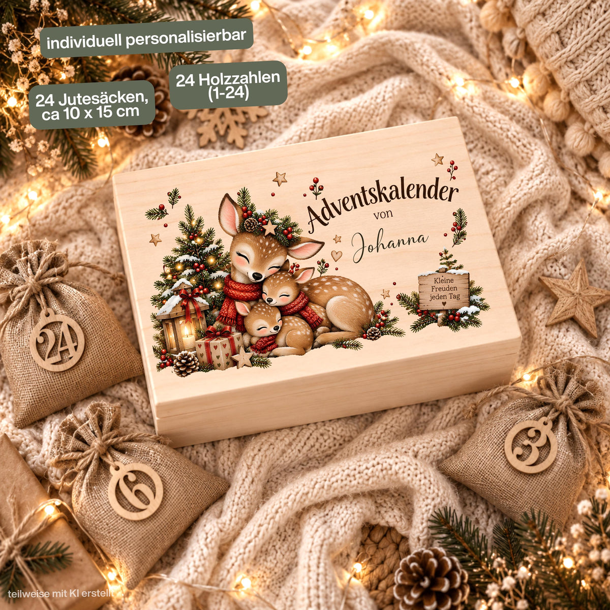Adventskalender zum Befüllen für Kinder als personalisierte Holzkiste mit drei Waldtiere-Designs und Wunschnamen. Zur Auswahl stehen ein weihnachtliches Reh-Motiv sowie zwei verschiedene Motive mit niedlichen Waldtieren. Das komplette Adventskalender-Set enthält die Adventskiste aus Holz sowie 24 Jutesäckchen und 24 Holzzahlen von 1 bis 24. Personalisierter Adventskalender, Adventskalender Beutel, Adventskalender Box, Adventskiste Kinder und Weihnachtskalender mit Namen zum Selbstbefüllen.